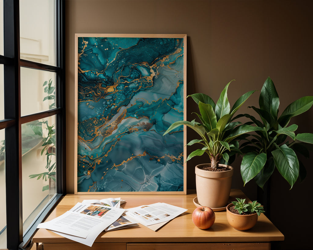 Marble wall art with luxurious teal and turquoise tones in elegant room