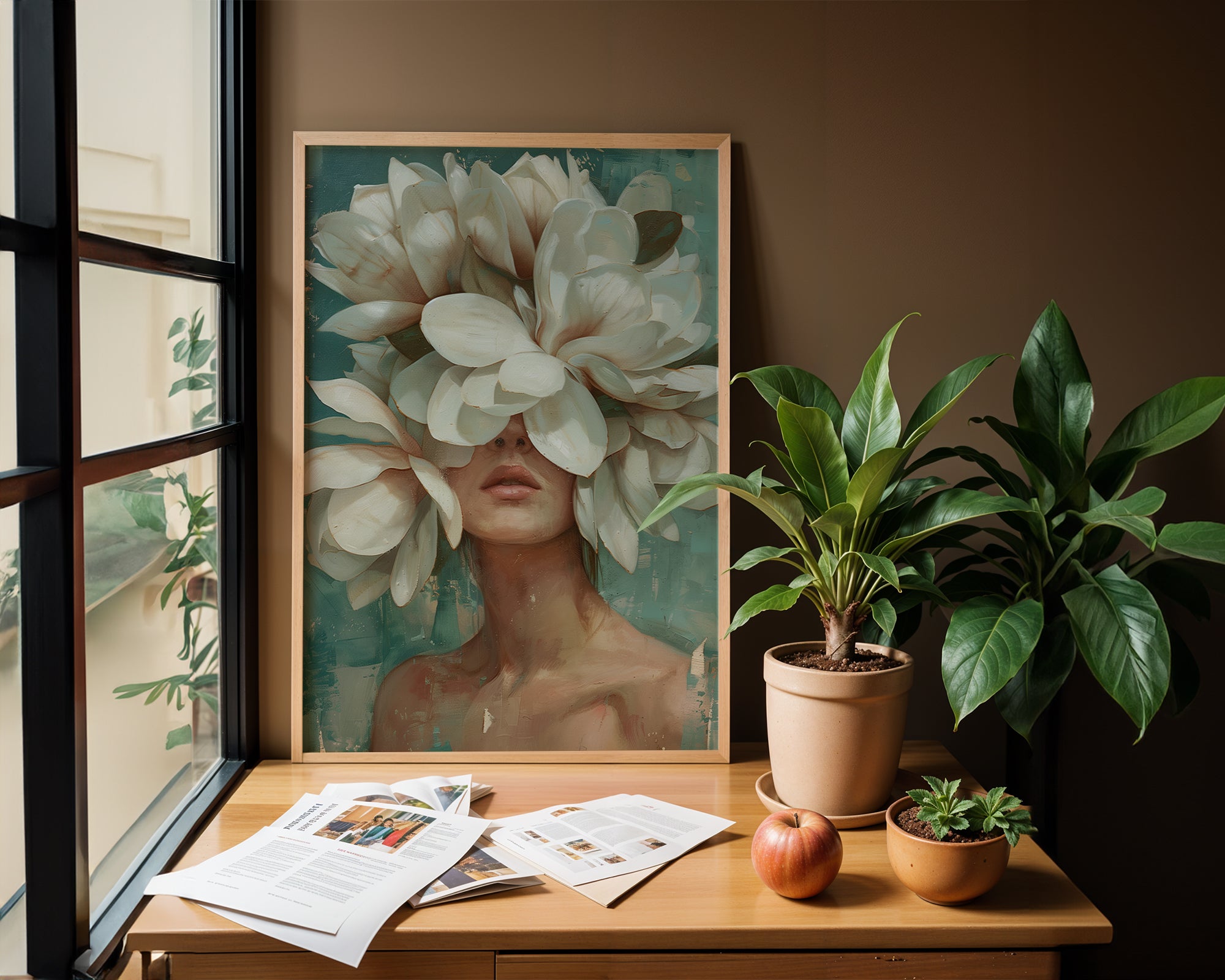 Botanical wall art featuring expressive woman portrait and white floral details