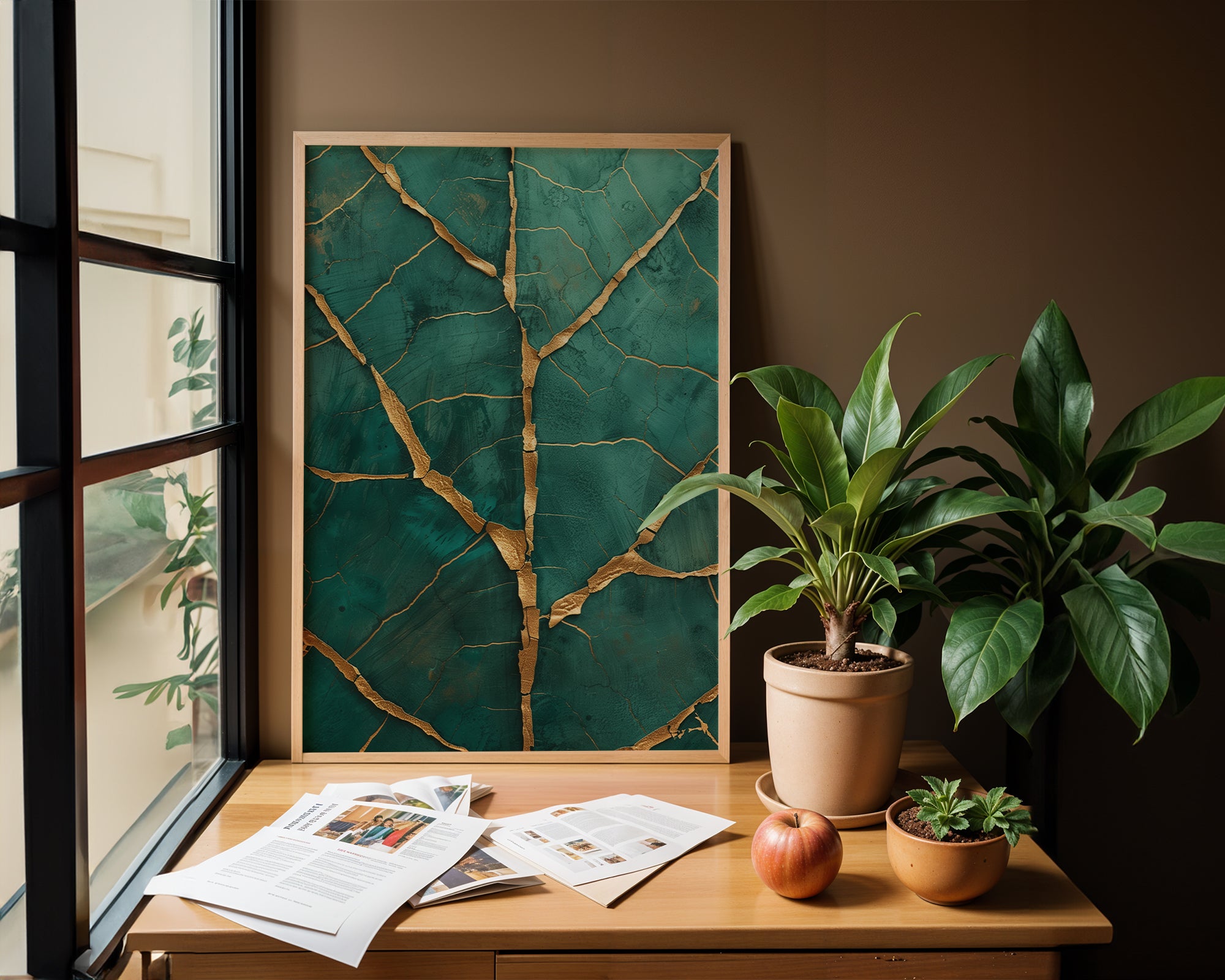 Emerald wall art with deep green and teal tones featuring gold kintsugi veins in elegant room