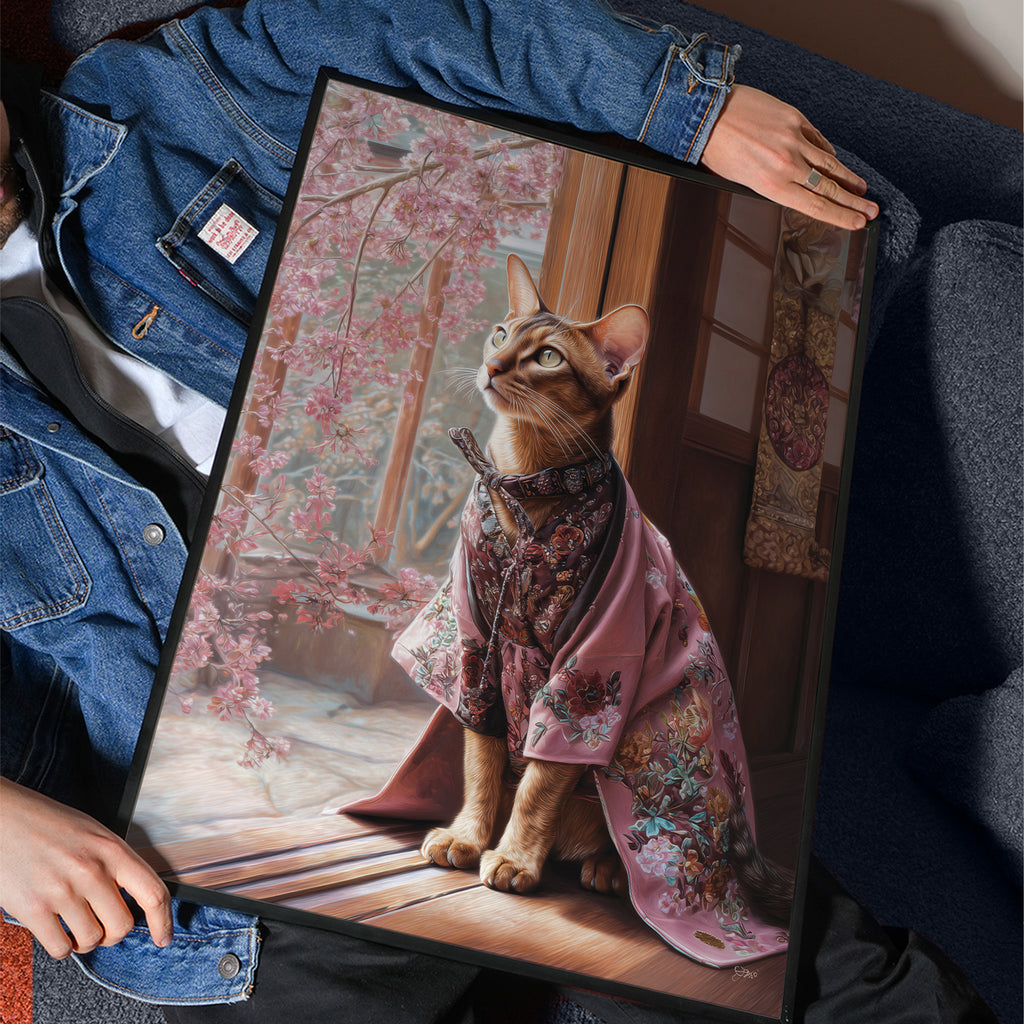 Kimono Cat Poster – Japanese Animal Print, Cherry Blossom Wall Art, Elegant Feline Decor
