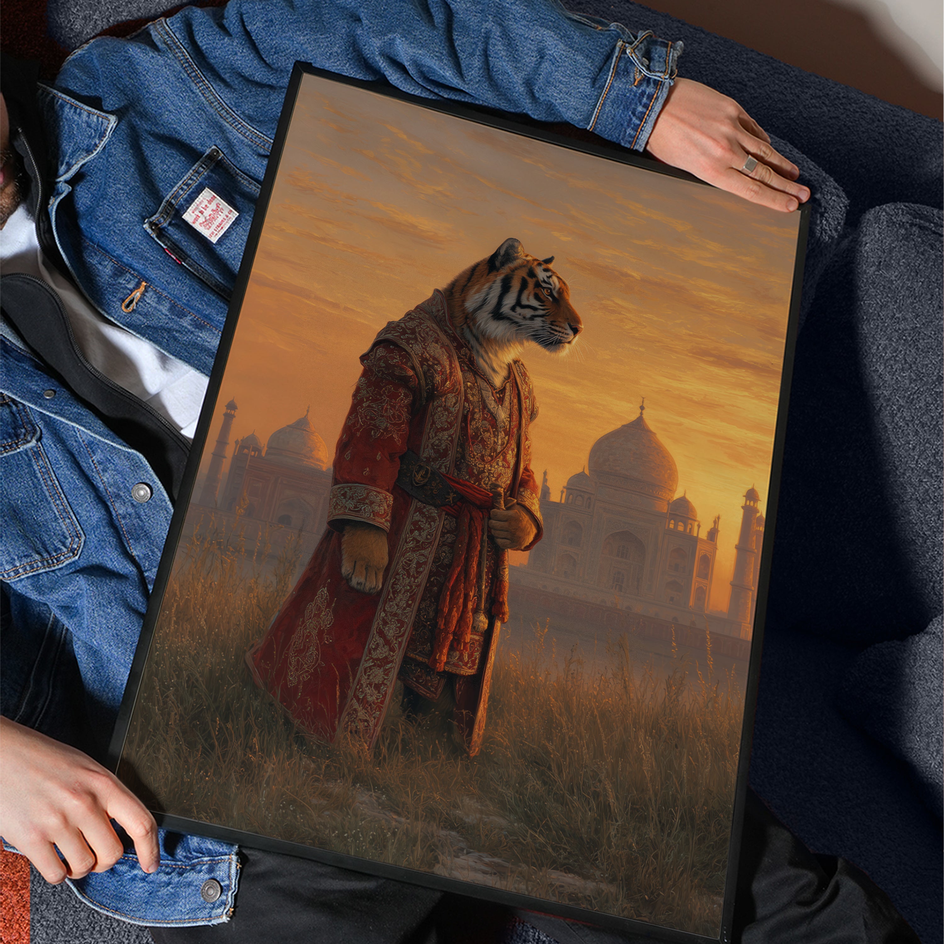 Regal Tiger Poster – Anthropomorphic Animal Art Print, Jungle Decor, Taj Mahal Fantasy Wall Art