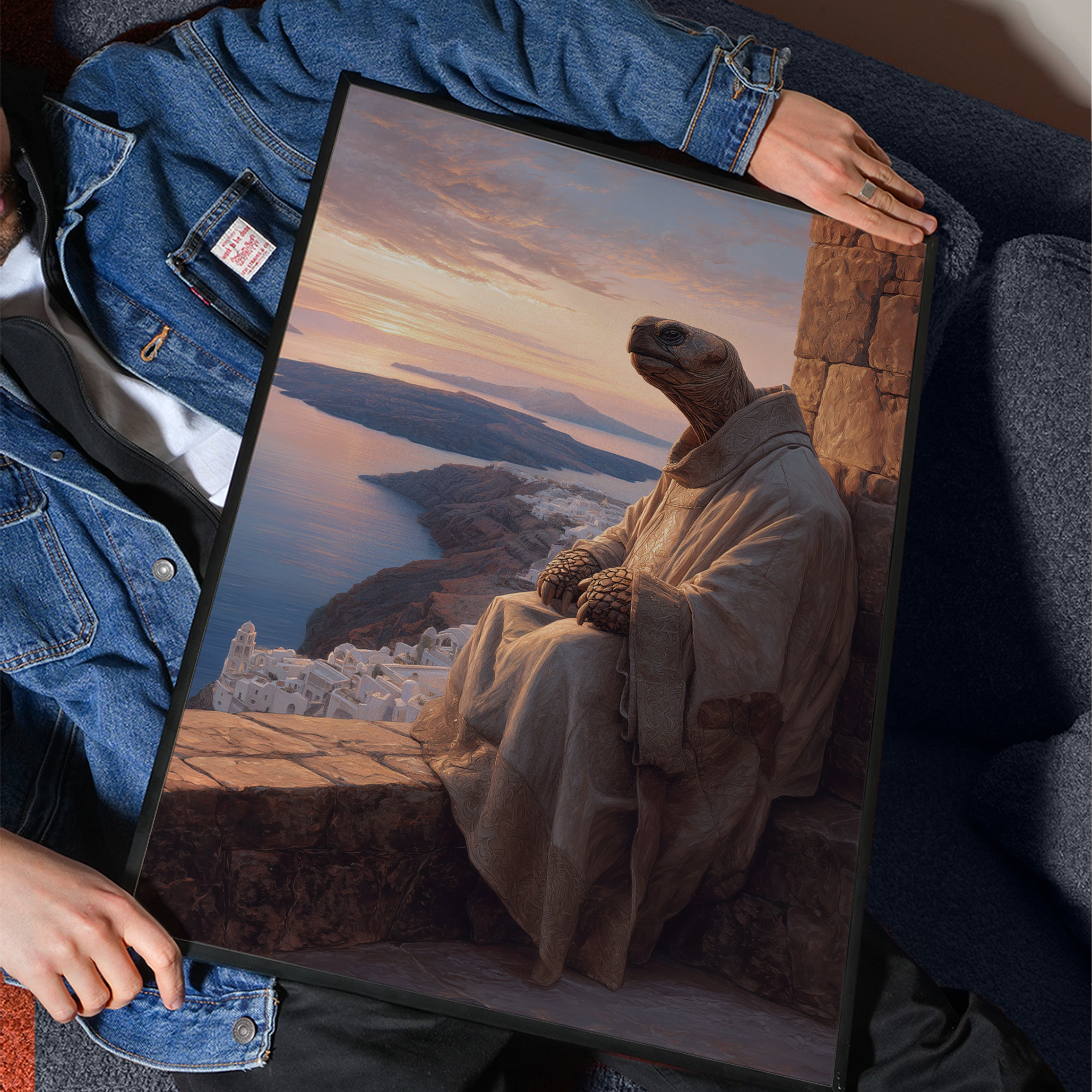 Meditative Turtle Poster – Greek Island Animal Print, Santorini Wall Art, Peaceful Fantasy Illustration