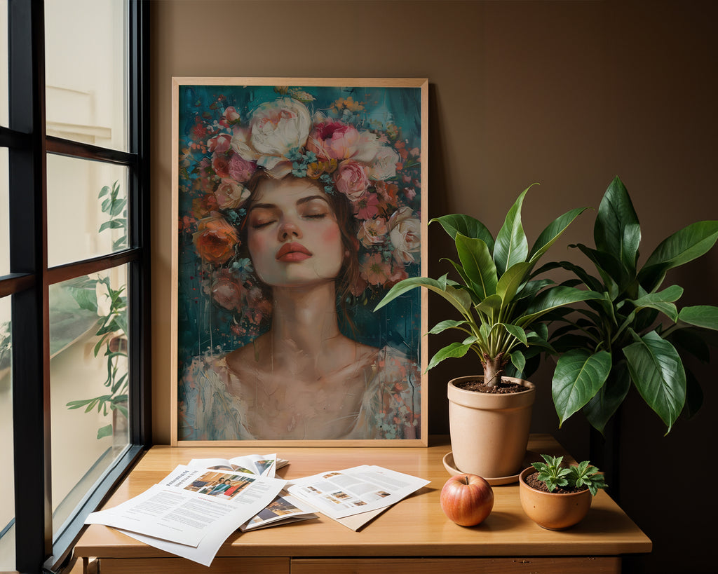 Floral wall art featuring a serene woman with a pink flower crown and rich teal background in a cozy interior