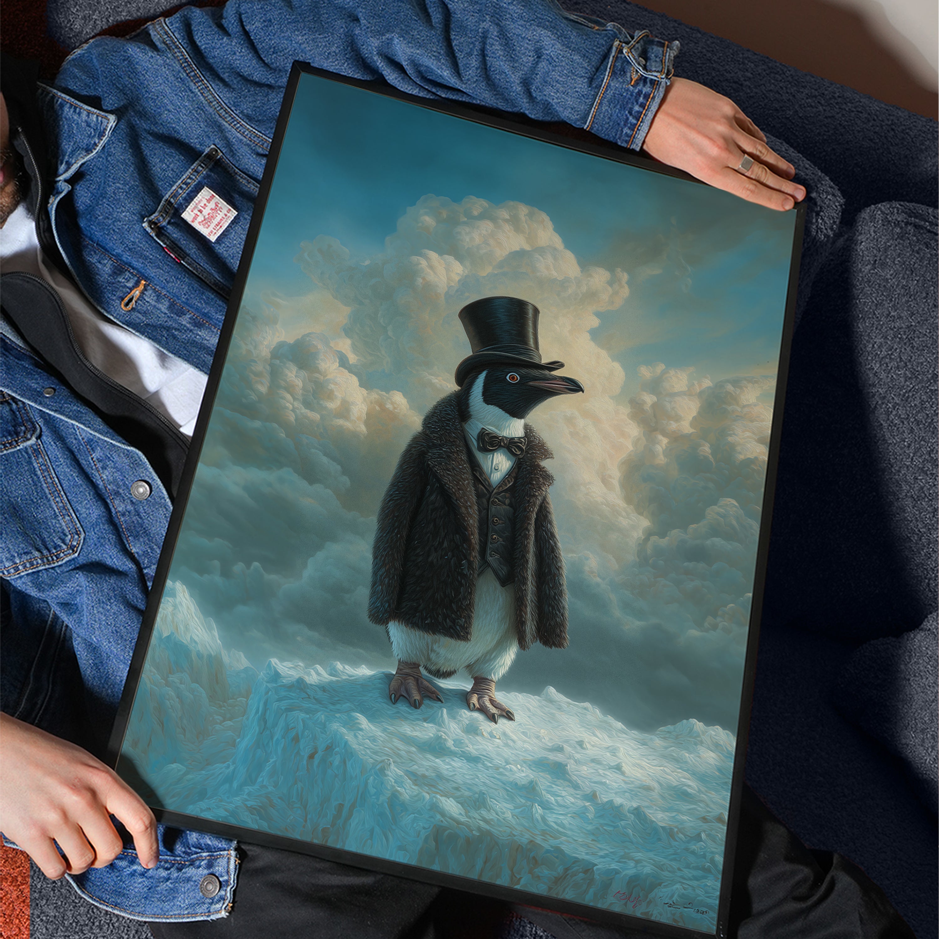 Aristocratic Penguin in Antarctica – Funny Animal Portrait, Aurora Wall Art, Whimsical Winter Decor