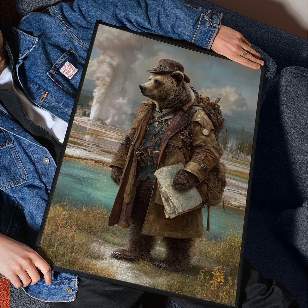 Grizzly Explorer Poster – Steampunk Bear Wall Art, Wilderness Adventure Animal Print