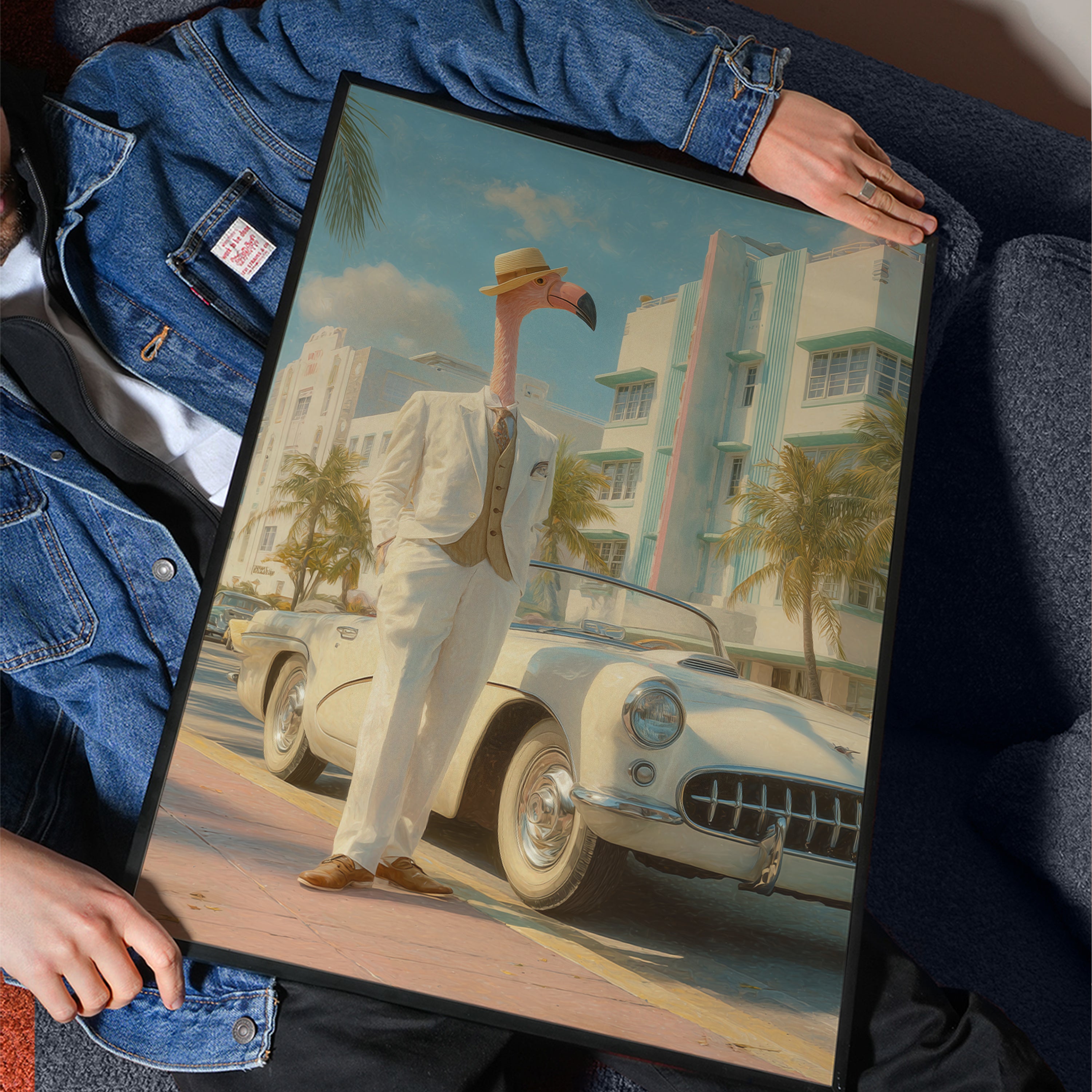 Flamingo on Ocean Drive Poster – Miami Retro Wall Art, Art Deco Print