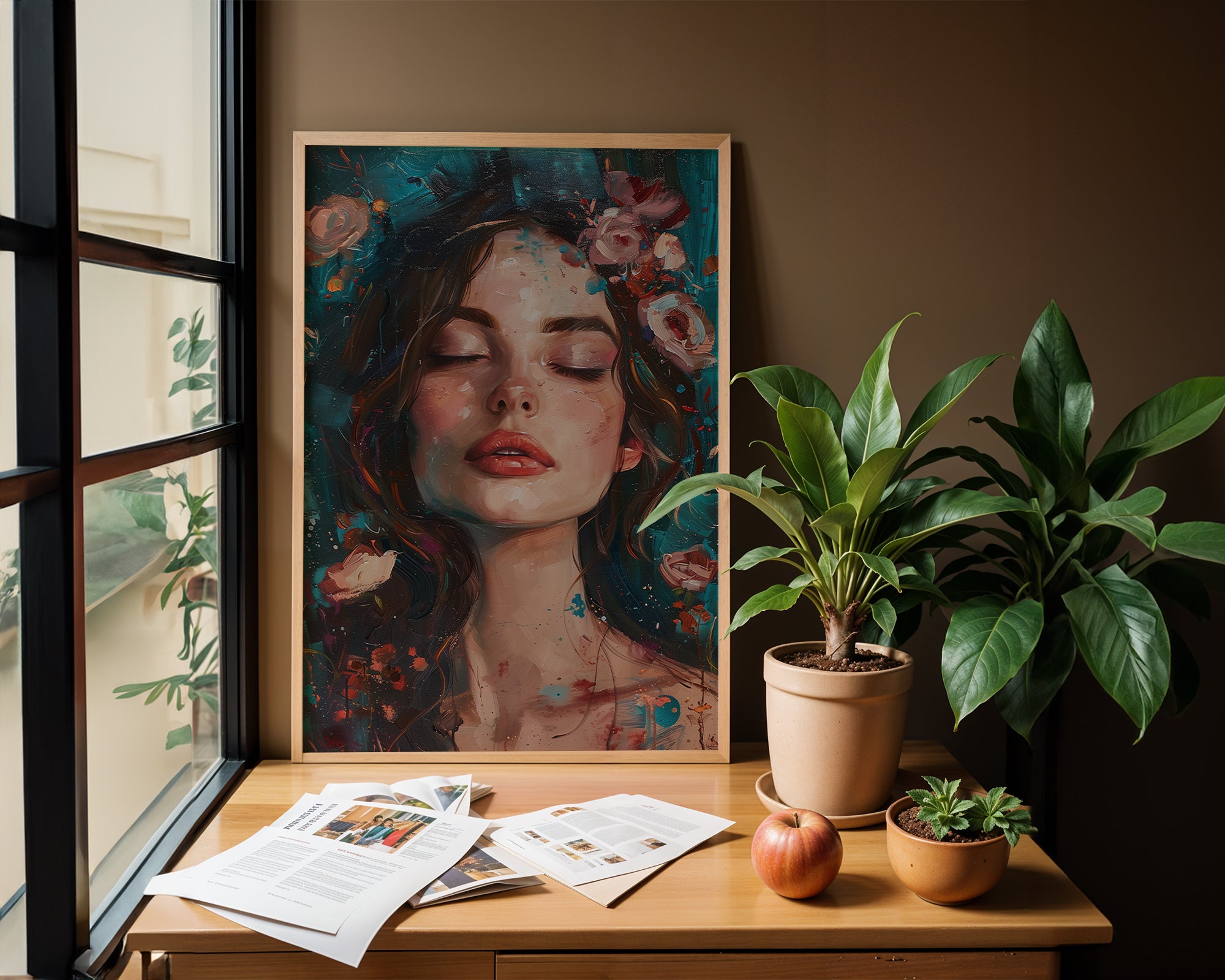 Teal wall art featuring contemporary portrait with artistic paint splashes in elegant room