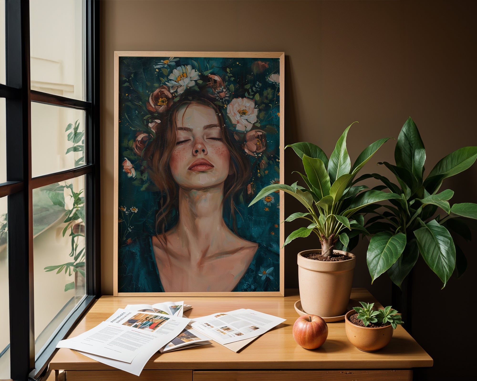 Botanical wall art featuring dreamy woman portrait with flowers in elegant room