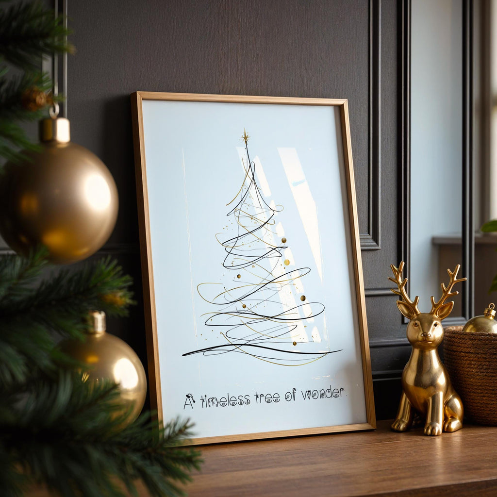 Minimalist Christmas Tree Poster – Elegant Black & Gold Holiday Wall Art