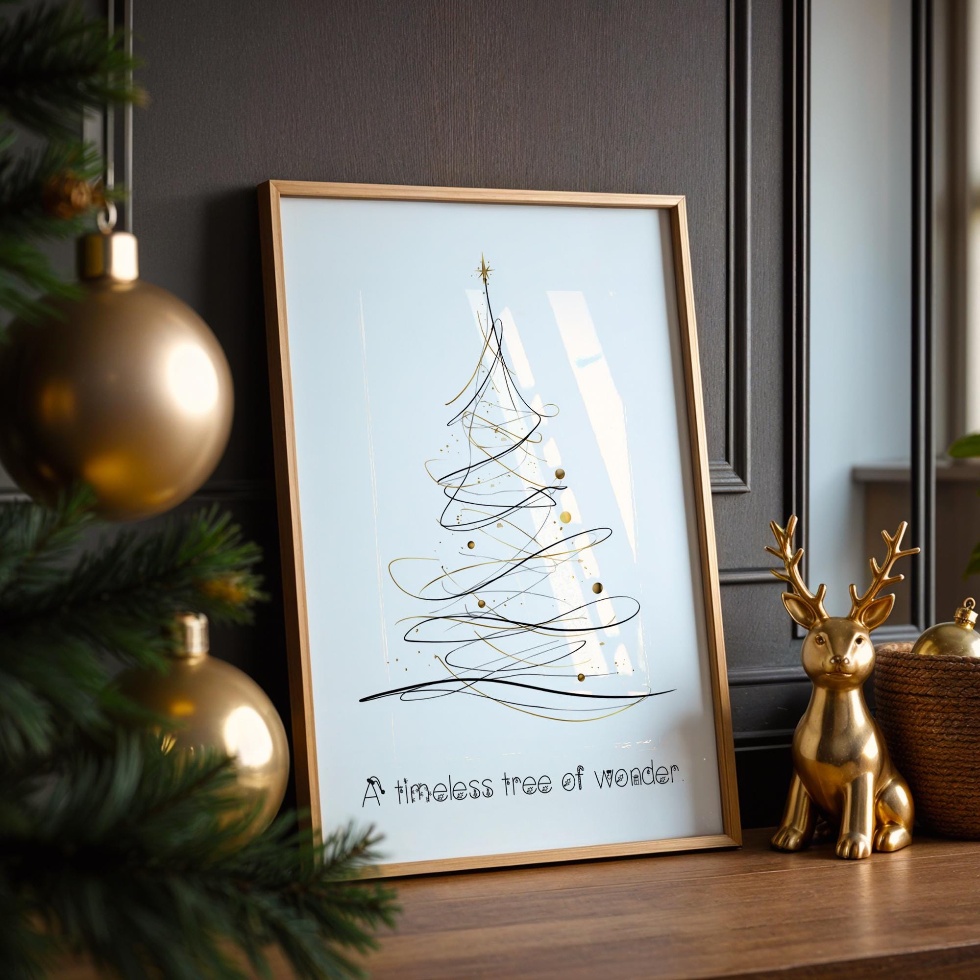 Minimalist Christmas Tree Poster – Elegant Black & Gold Holiday Wall Art