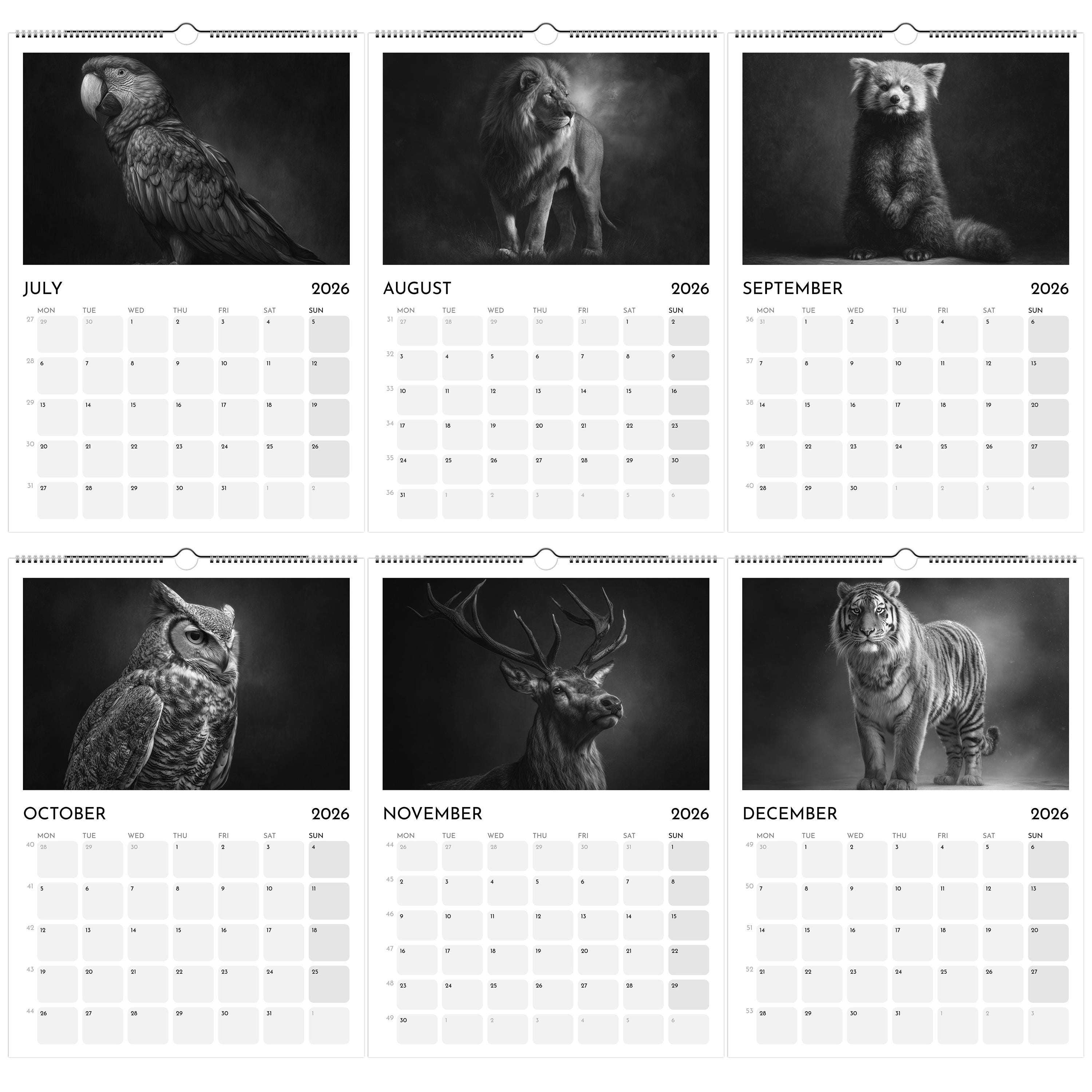 2026 Wildlife Calendar: Black & White Animal Photography, A3 Wall Planner