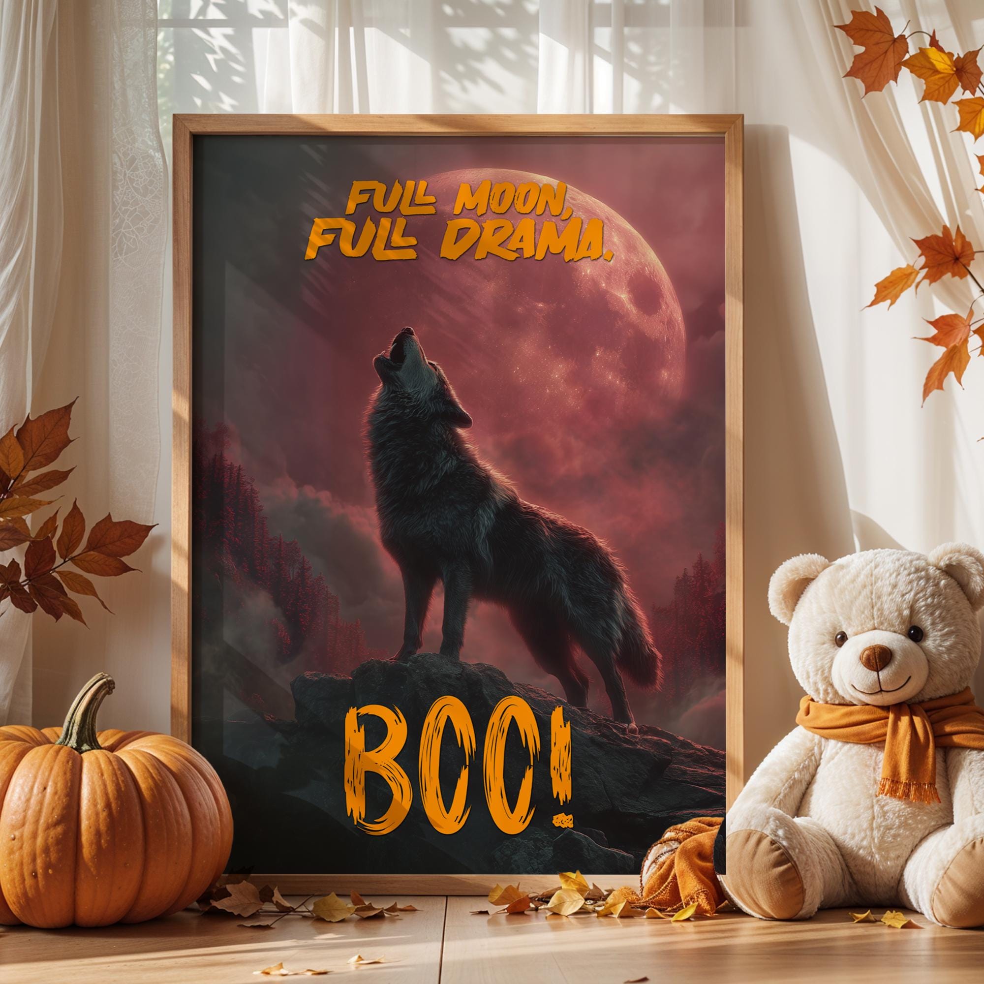 Howling Wolf Halloween Poster – Dramatic Full Moon BOO Wall Art for Spooky Season