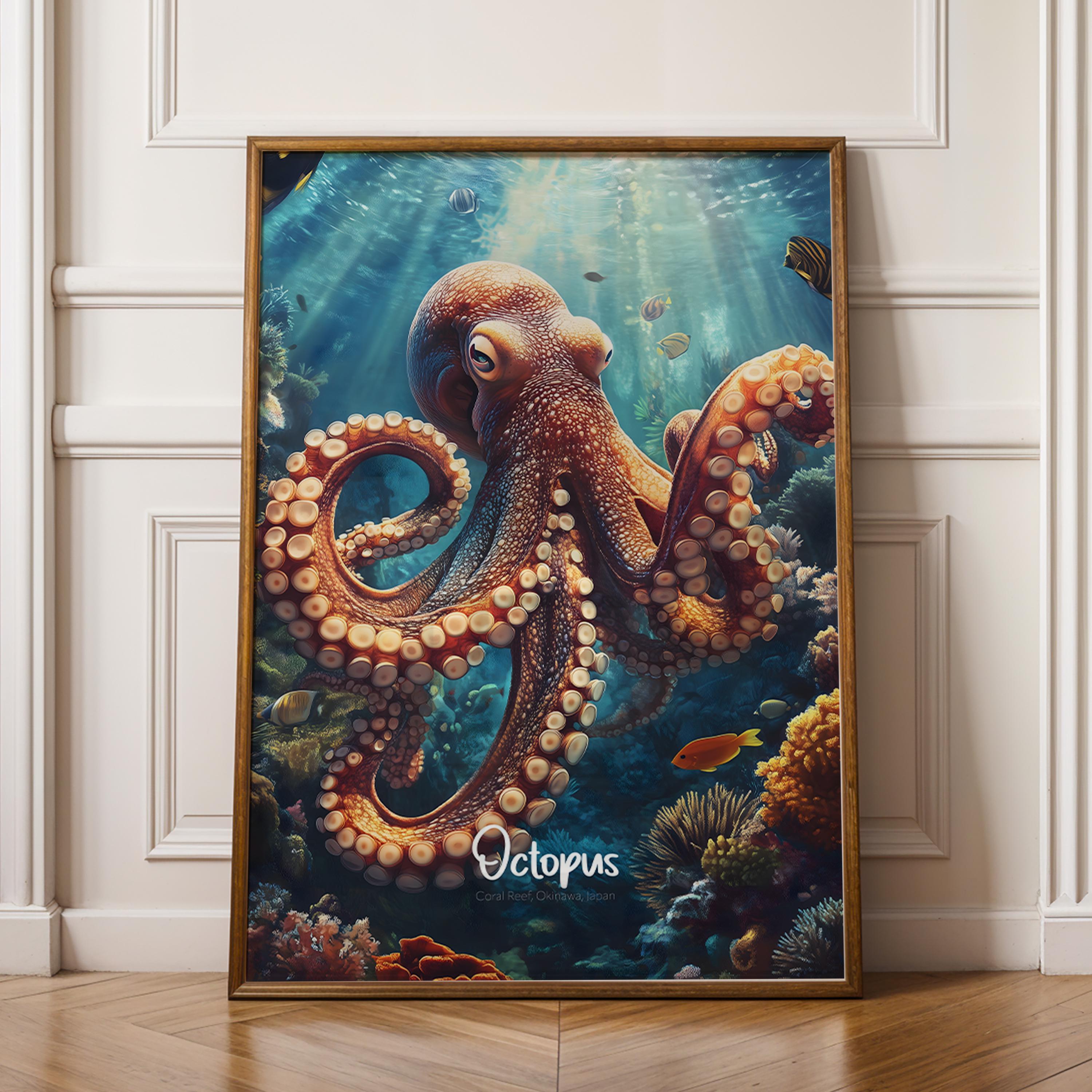 Framed Octopus Print: Nautical Marine Animal Wall Art