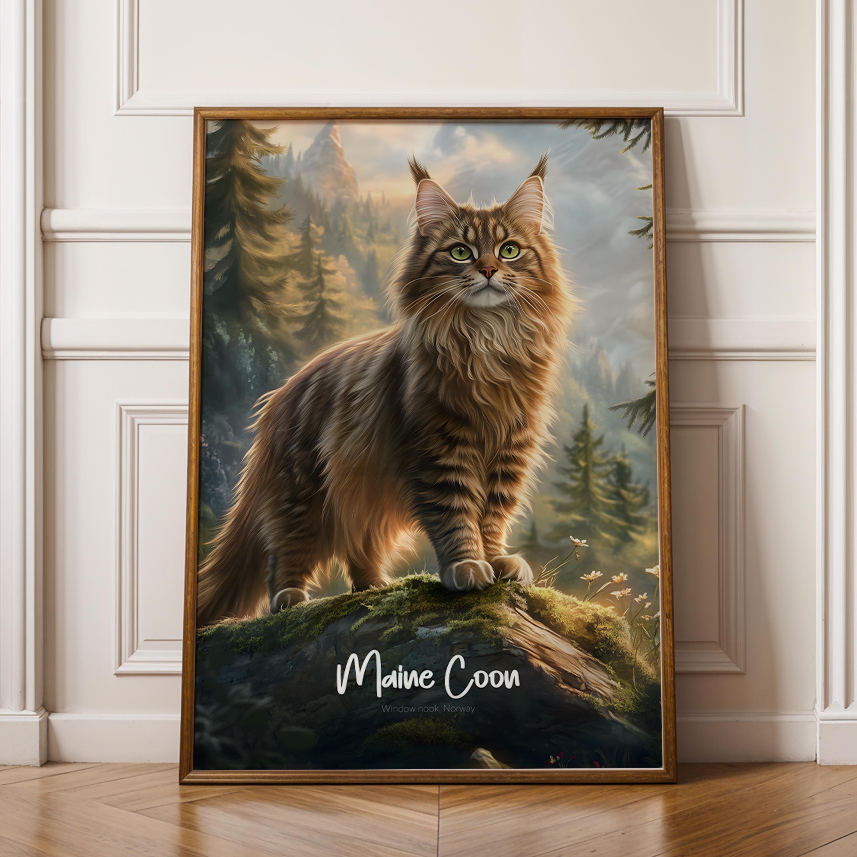 Maine Coon Cat Wall Poster – Large Decorative Cat Art Print, Feline Home Decor Gift for Cat Lovers, Rustic Animal Illustration