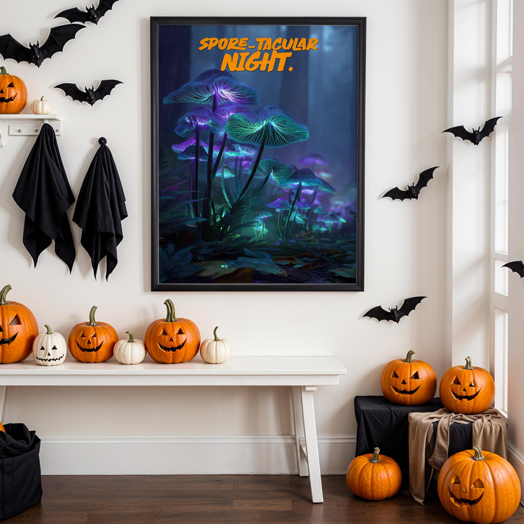 Bioluminescent Mushroom Poster – “Spore-tacular Night” Halloween Glow-in-the-Dark Forest Art Print