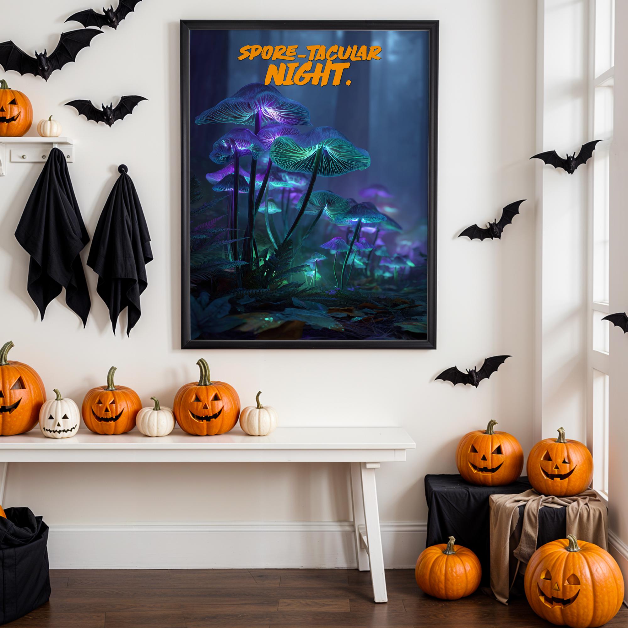 Bioluminescent Mushroom Poster – “Spore-tacular Night” Halloween Glow-in-the-Dark Forest Art Print