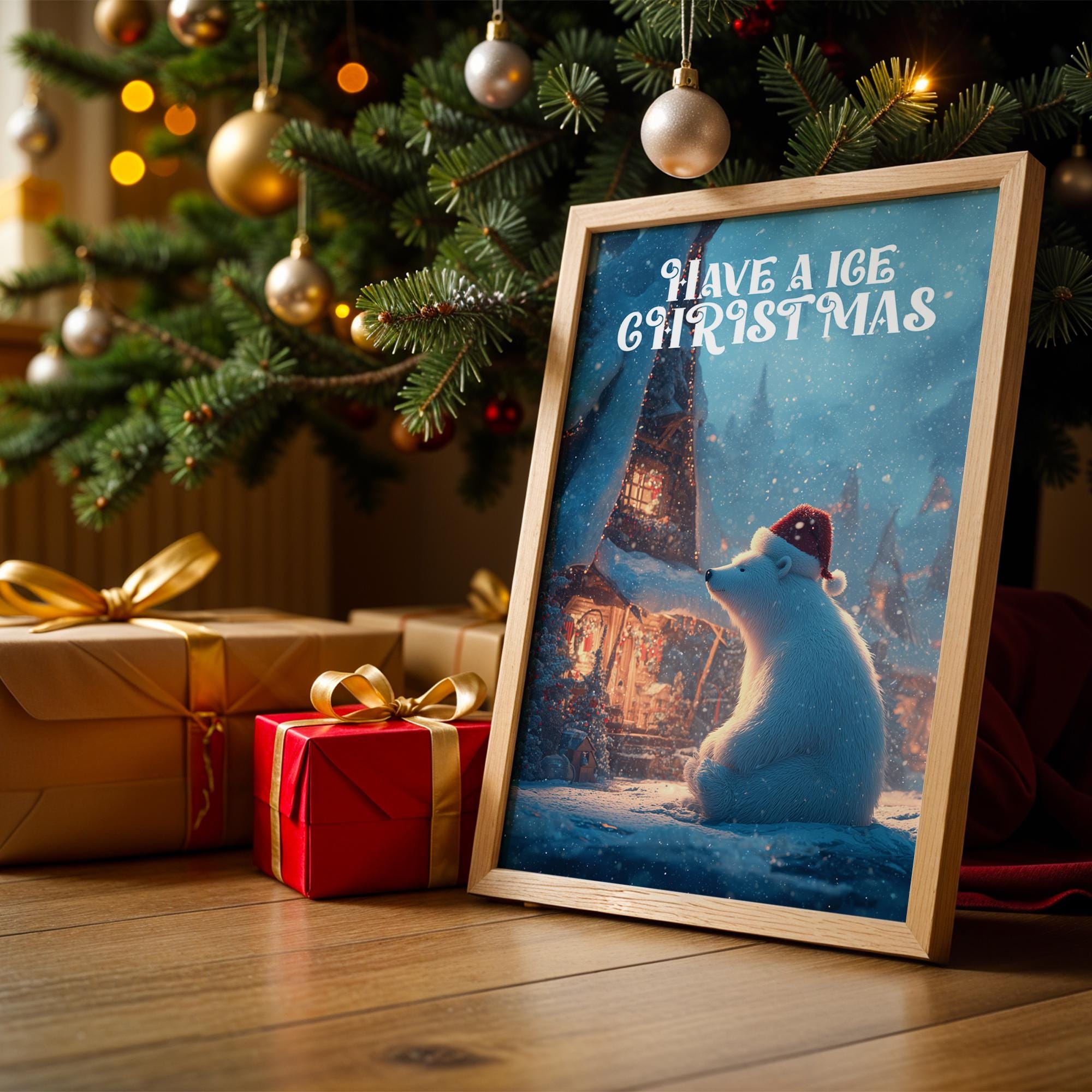 Santa Hat Polar Bear Print – Cozy Christmas Kids Room Decor