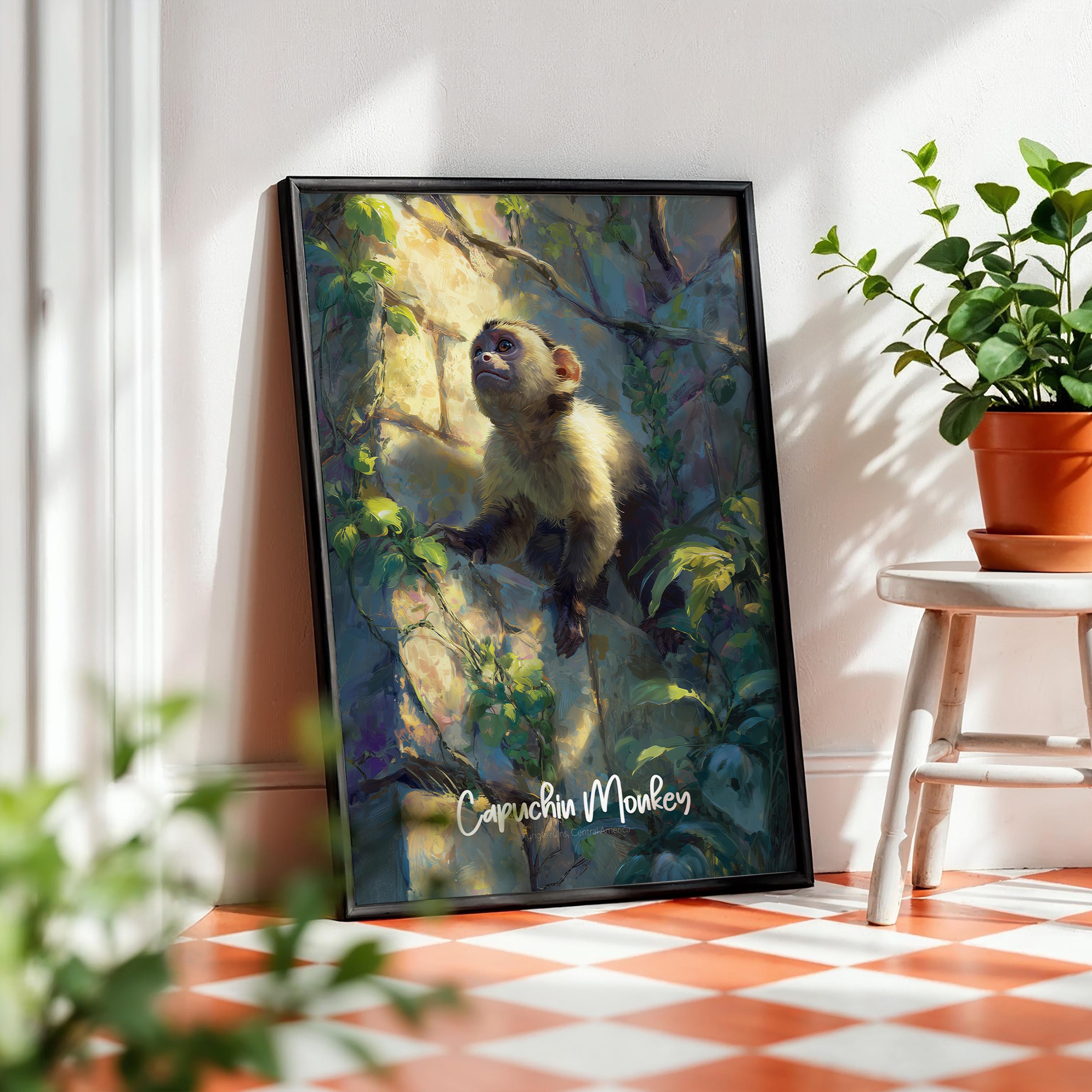 Capuchin Monkey Framed Poster: Playful Jungle Nursery Wall Art
