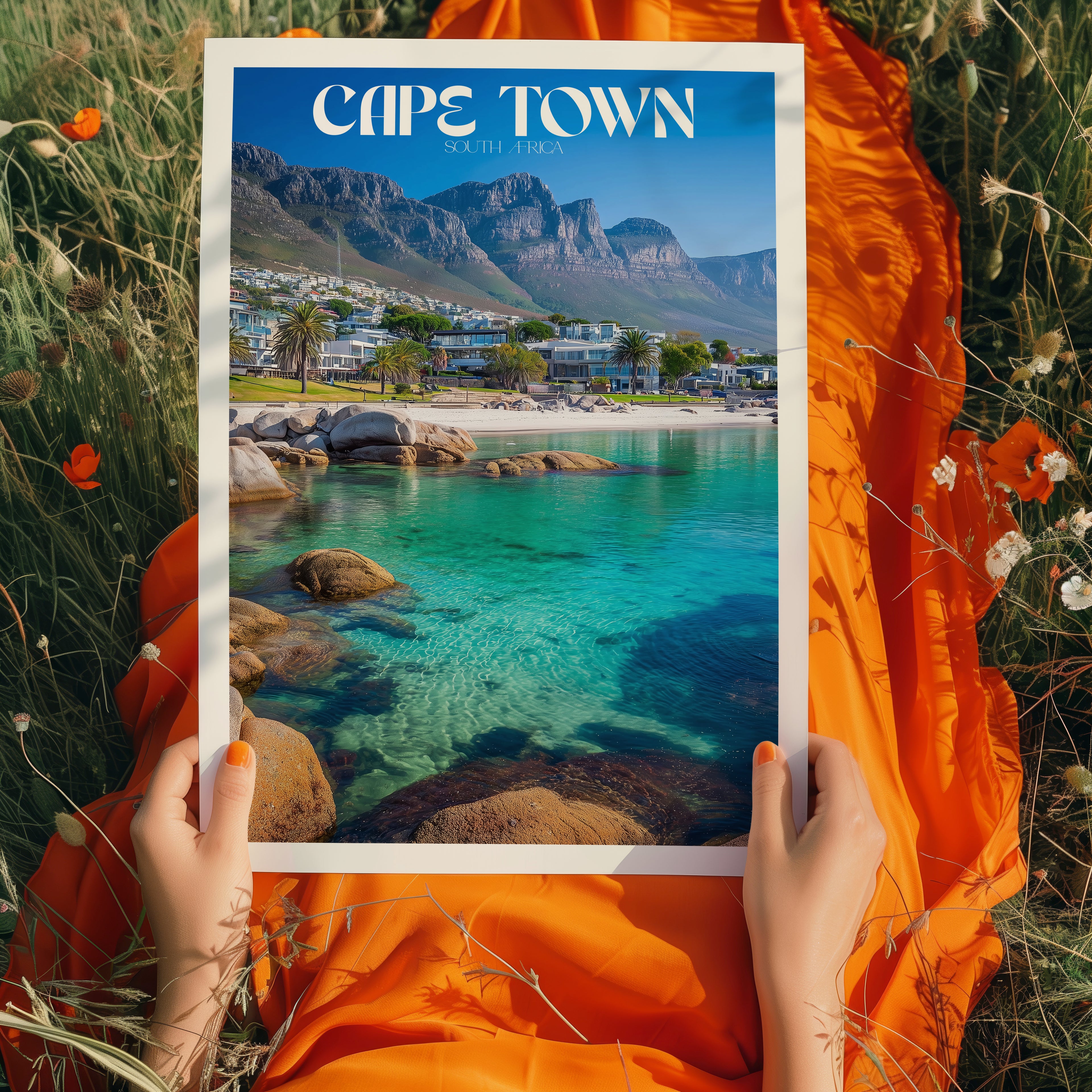 South Africa Travel Poster – Cape Town Wall Art Print, Coastal Landscape, Table Mountain View