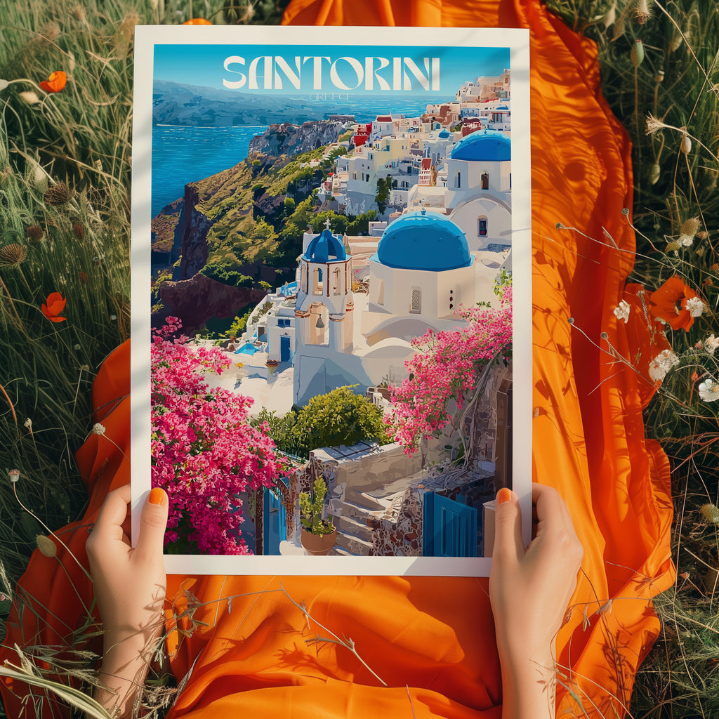 Greece Travel Poster – Santorini Island Wall Art Print, Cycladic Architecture, Coastal Decor