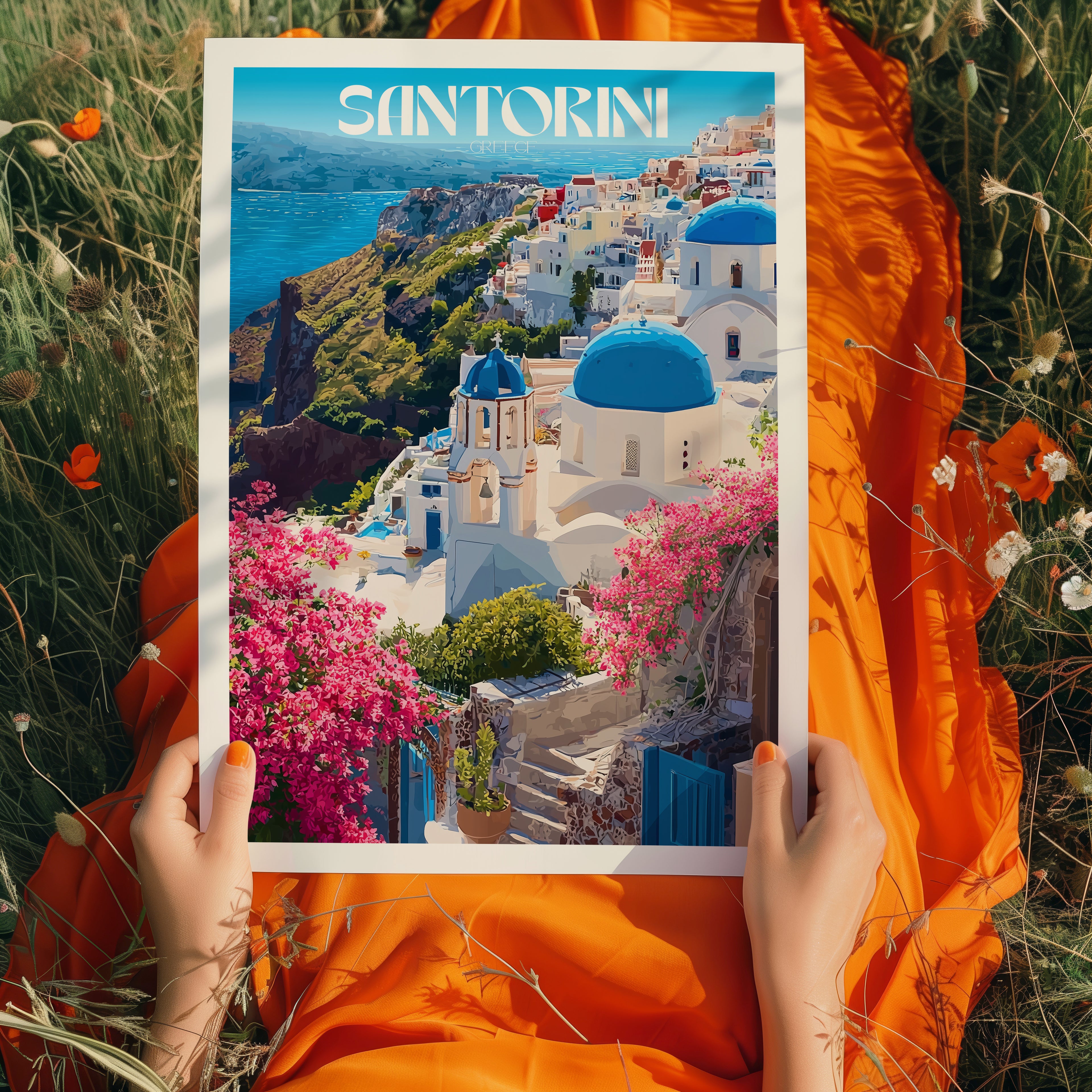 Greece Travel Poster – Santorini Island Wall Art Print, Cycladic Architecture, Coastal Decor