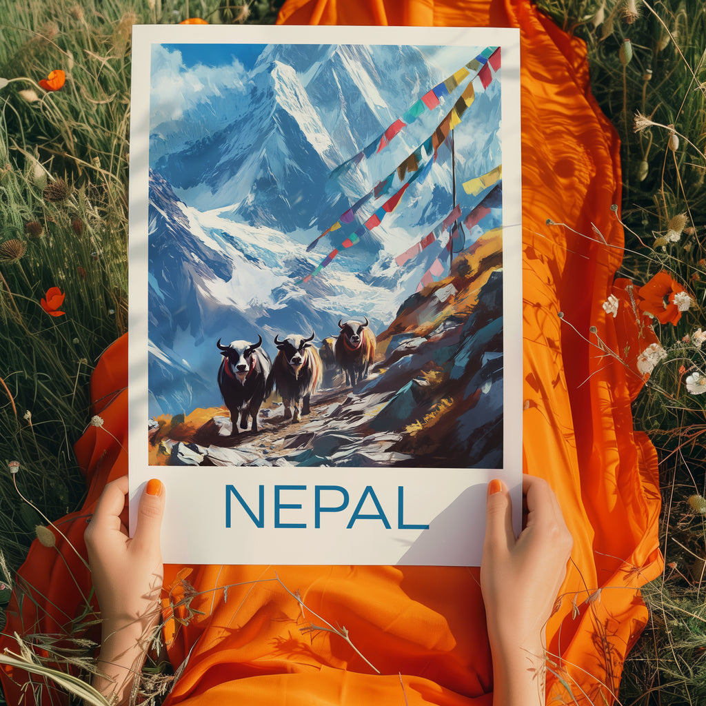 Nepal Travel Poster: Himalaya Mountain Yak Illustration Art