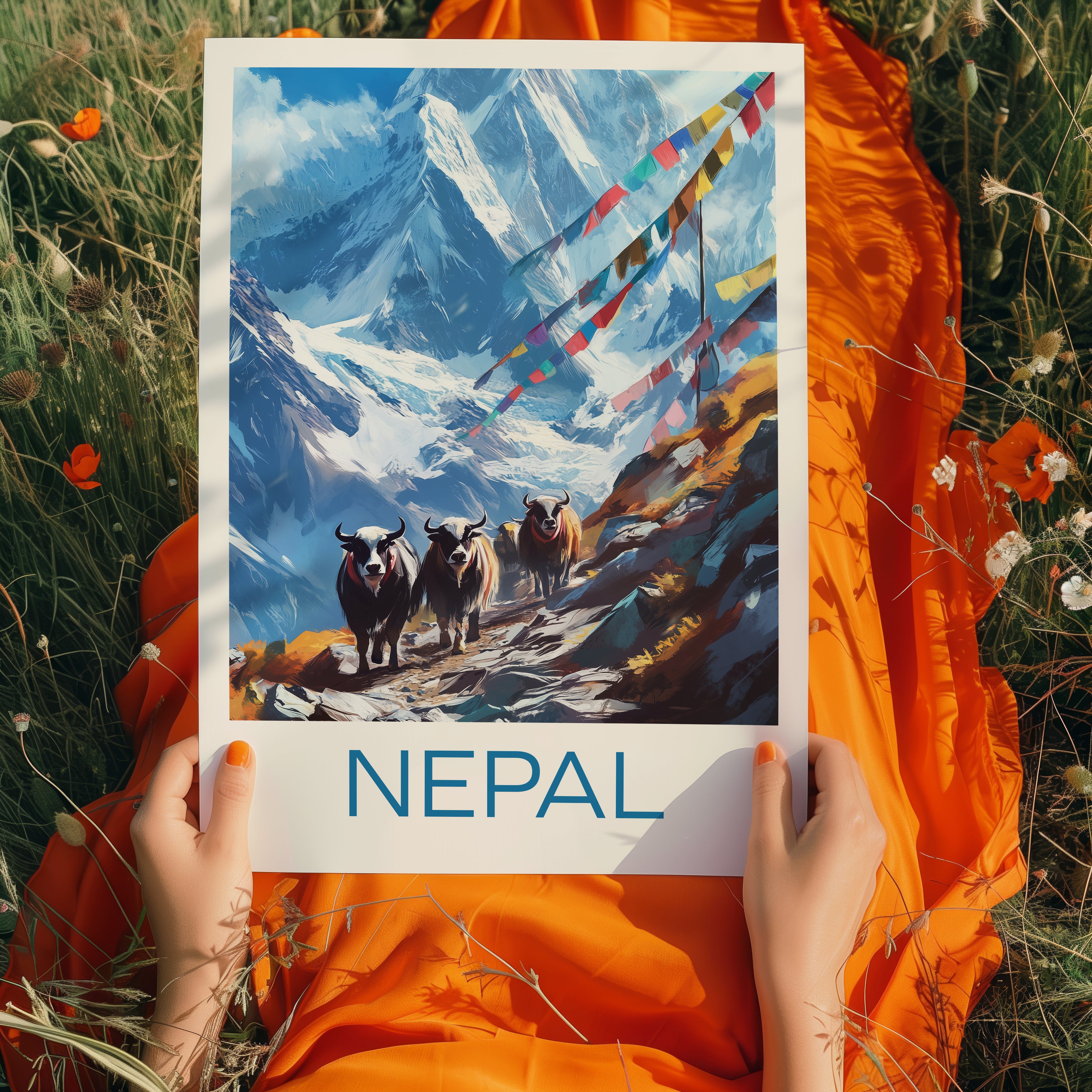 Nepal Travel Poster: Himalaya Mountain Yak Illustration Art
