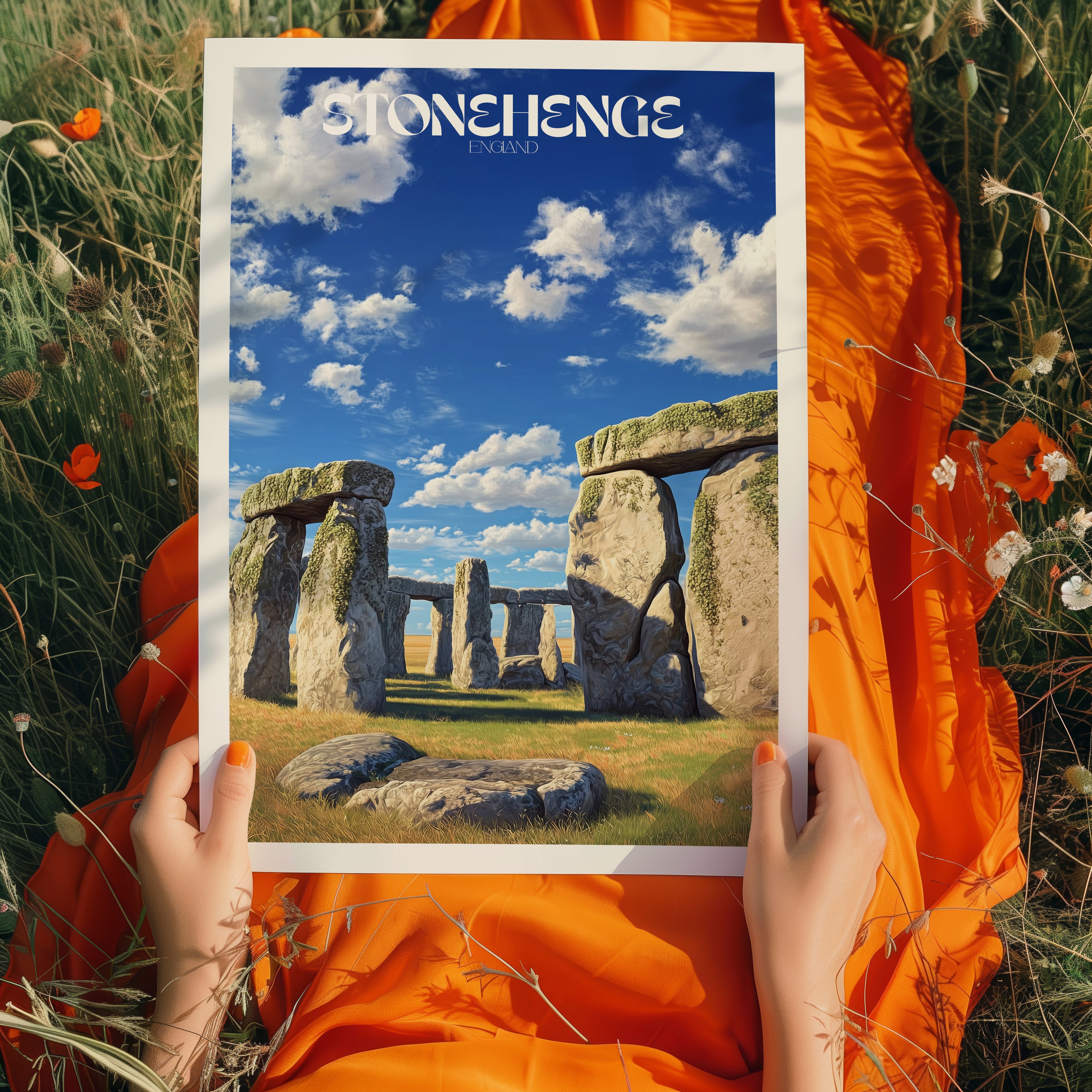 England Travel Poster – Stonehenge Wall Art Print, Ancient Monument, Prehistoric Landmark Decor