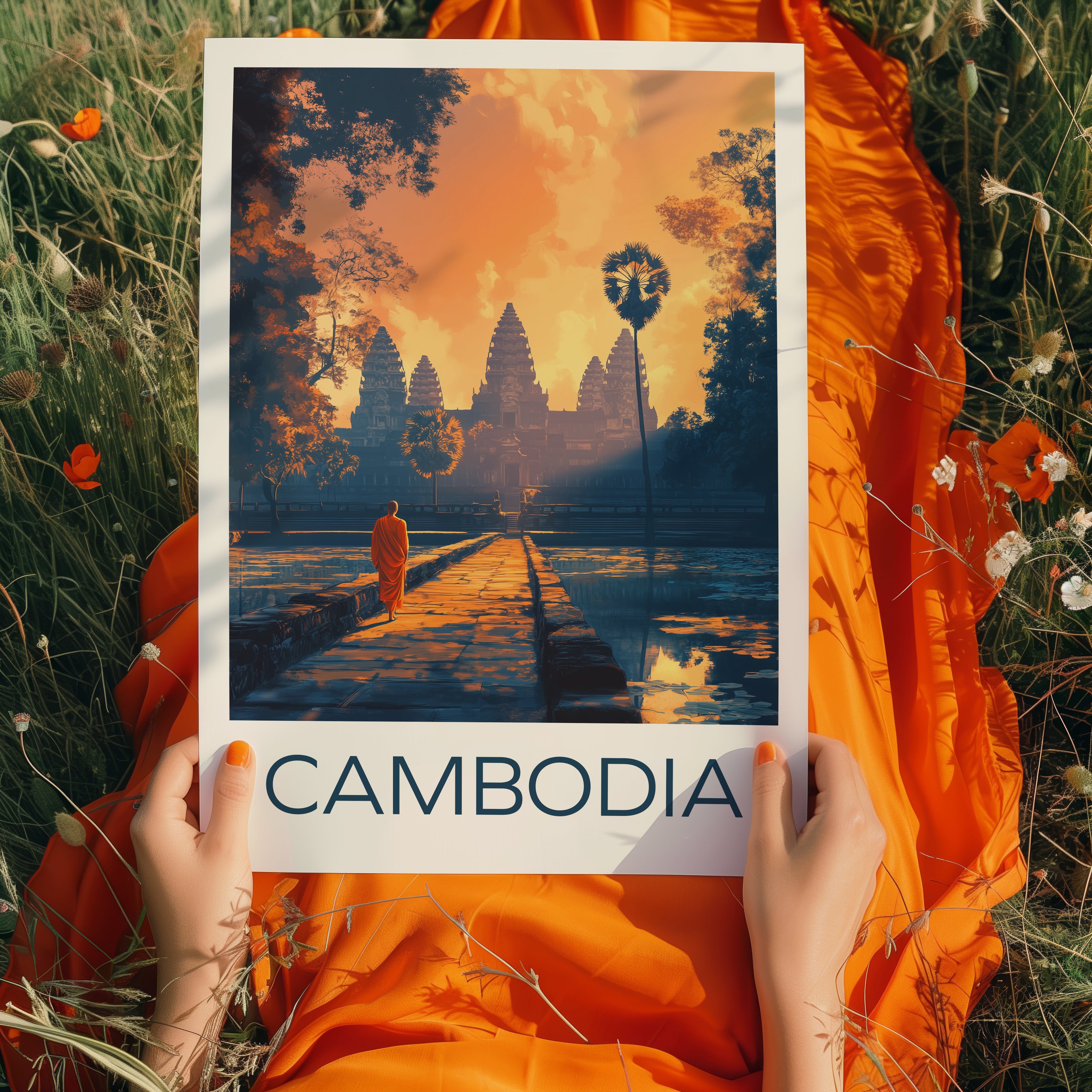 Cambodia Travel Poster: Angkor Wat Sunrise Illustration Art