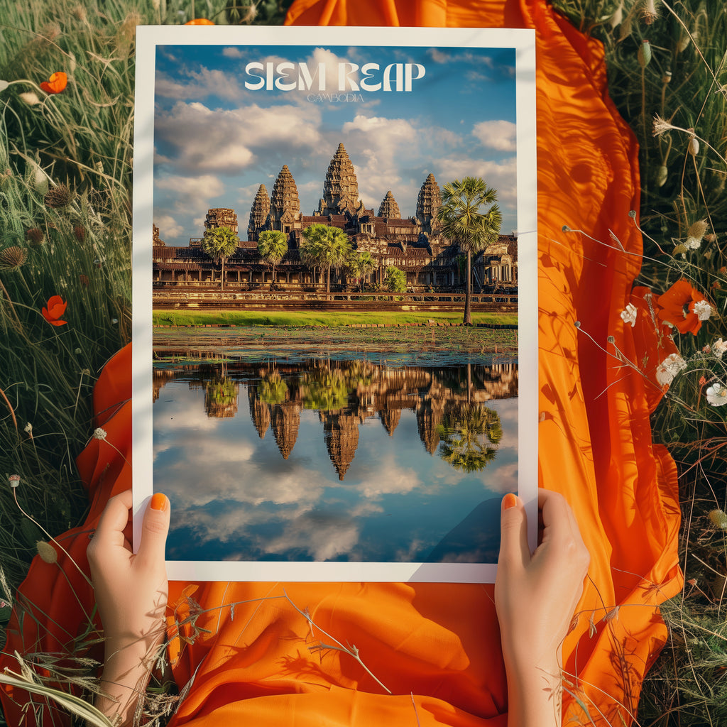 Cambodia Travel Poster – Angkor Wat Temple Wall Art Print, Siem Reap Landmark Decor