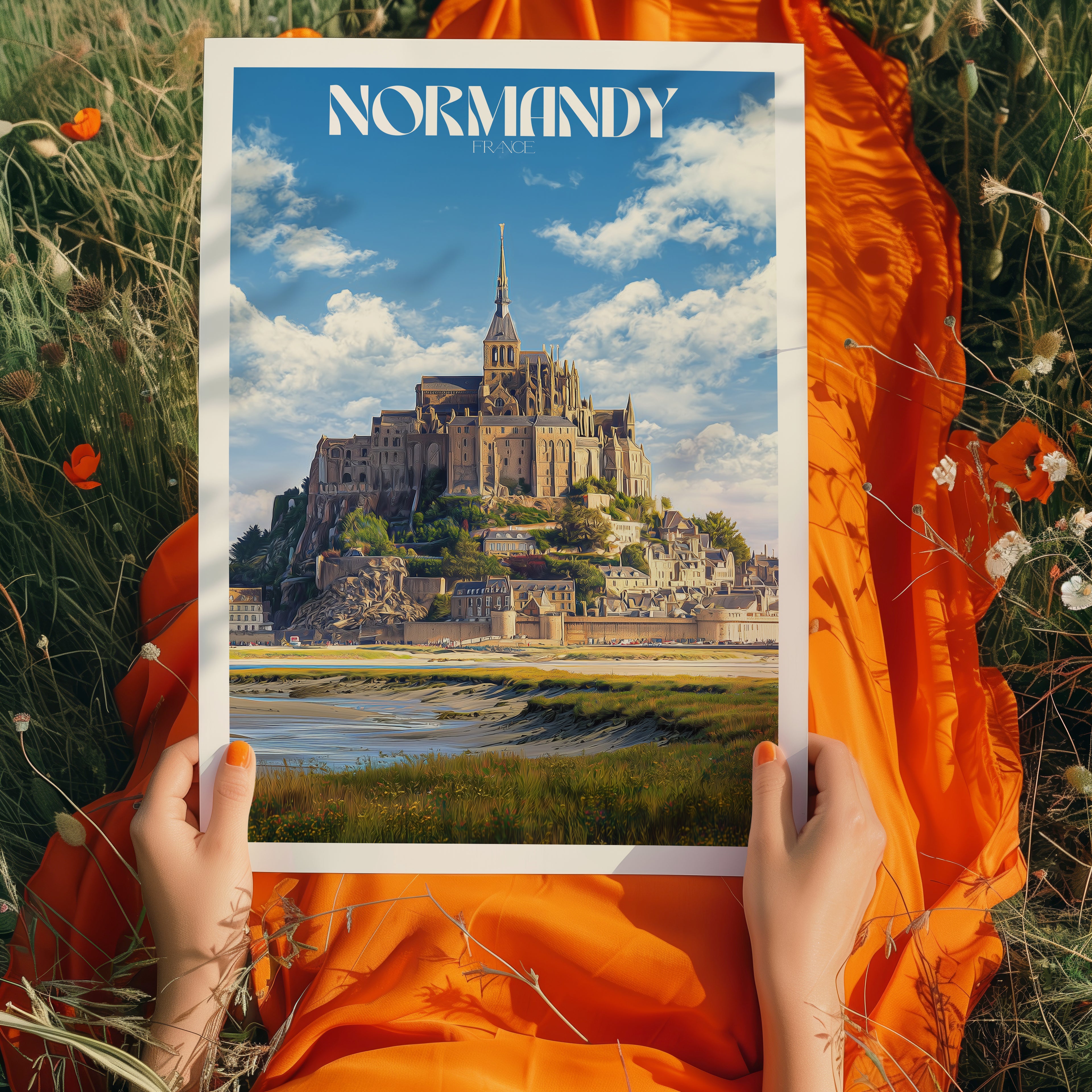 France Travel Poster – Normandy Castle Wall Art Print, Historic Landmark, European Decor