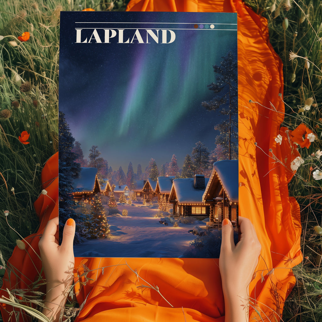 Lapland Northern Lights Travel Print: Santa Claus Village Winter Cabin Art