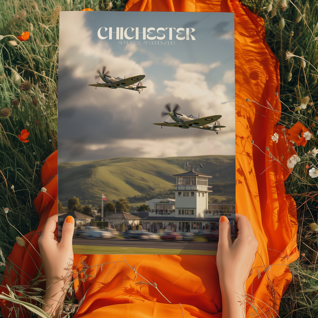 Goodwood Spitfires Chichester Travel Poster – British Aviation Wall Art, WWII Planes Print, Sussex Landscape Photography