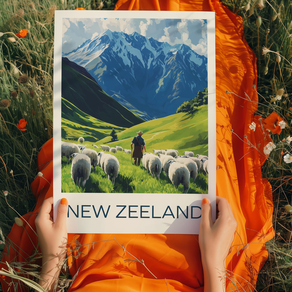New Zealand Travel Poster: Mountain Landscape Sheep Illustration Art
