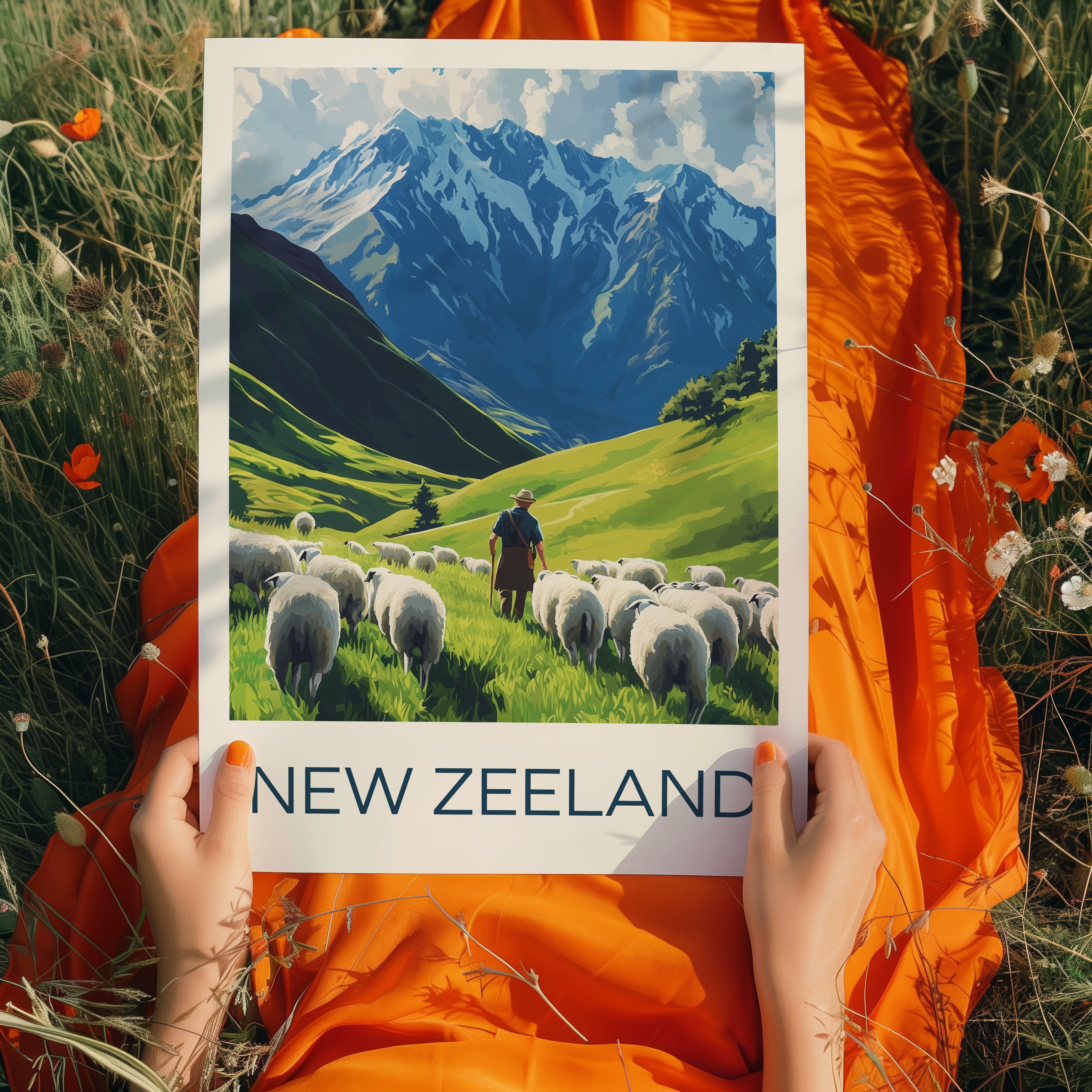 New Zealand Travel Poster: Mountain Landscape Sheep Illustration Art