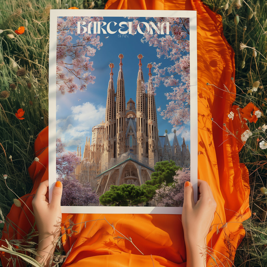Spain Travel Poster – Barcelona Cathedral Print, Gaudí Architecture Wall Art, Modernist Deco