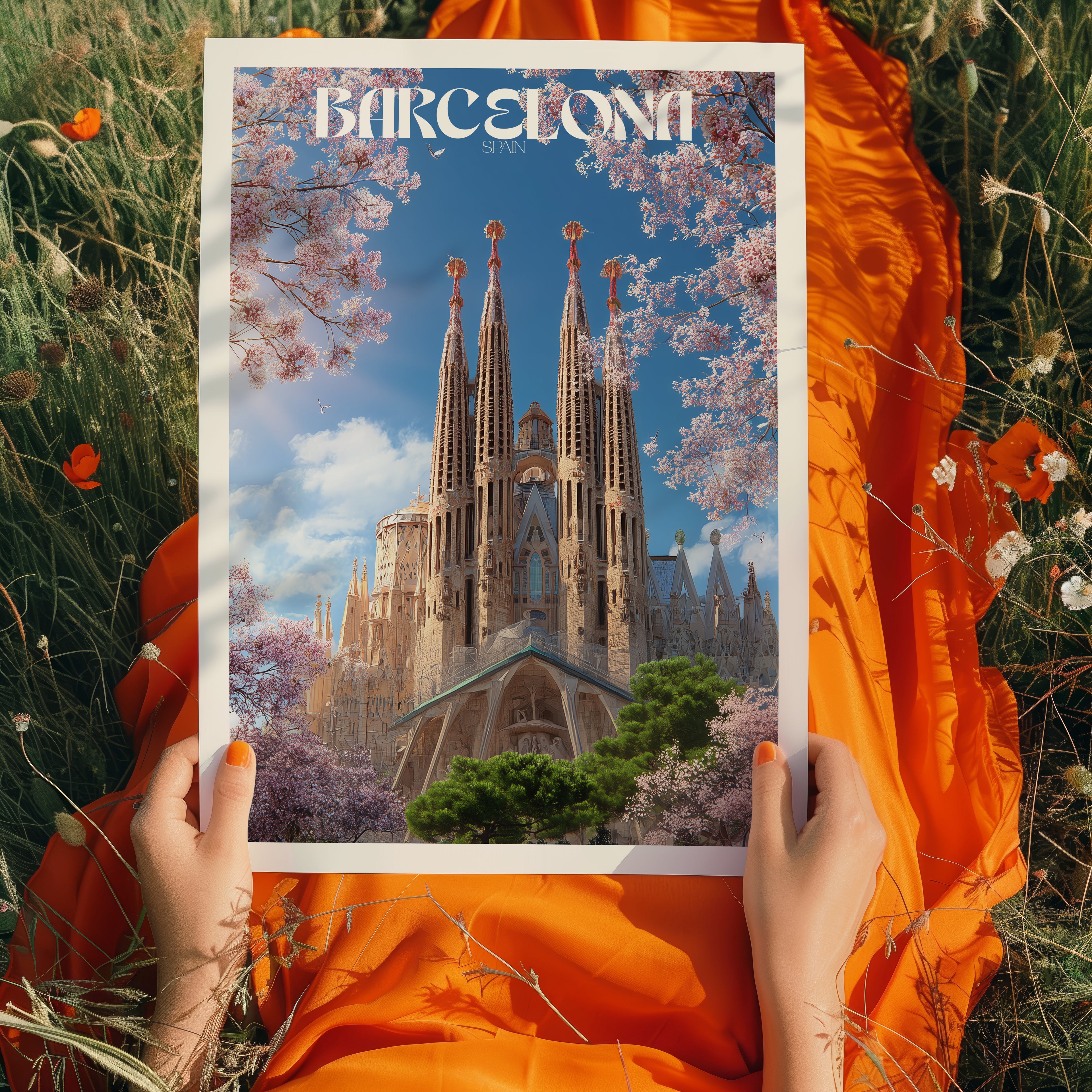 Spain Travel Poster – Barcelona Cathedral Print, Gaudí Architecture Wall Art, Modernist Deco