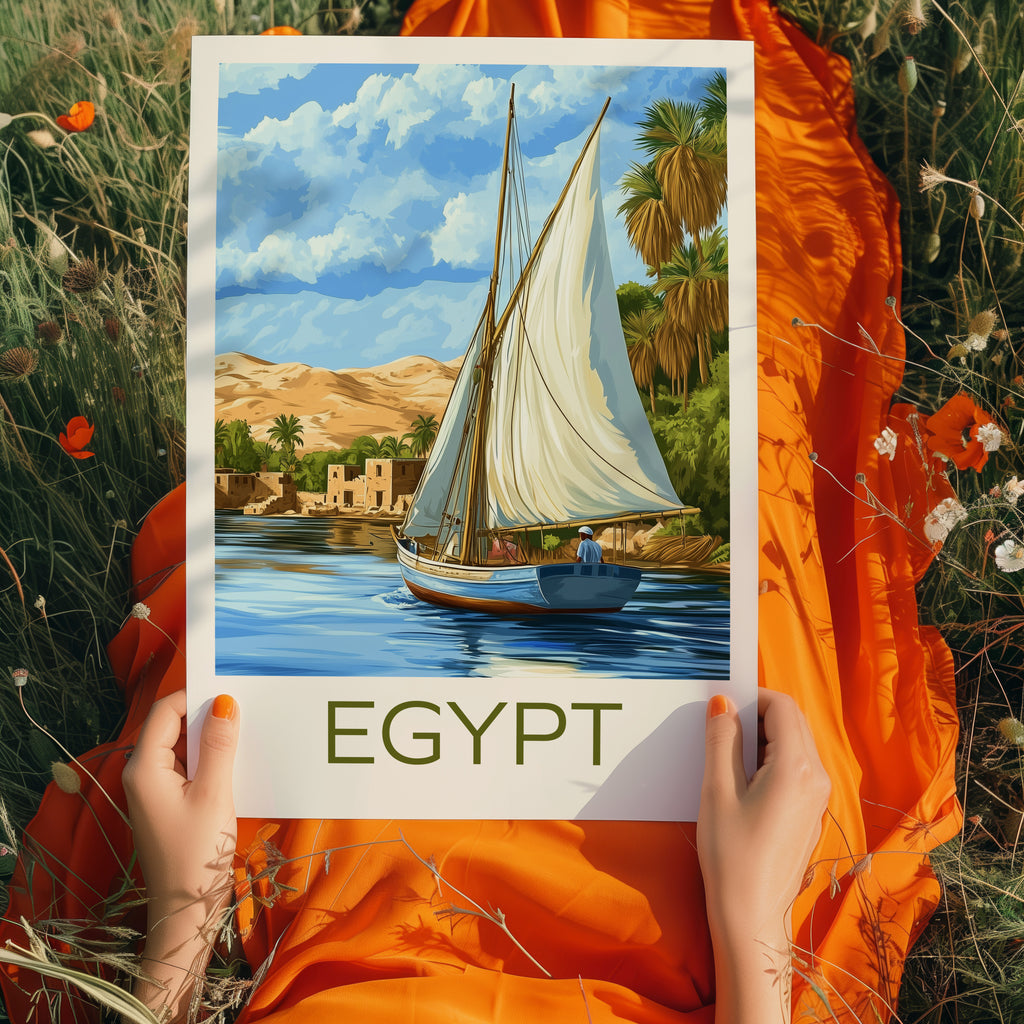 Egypt Travel Poster: Nile River Felucca Illustration Art