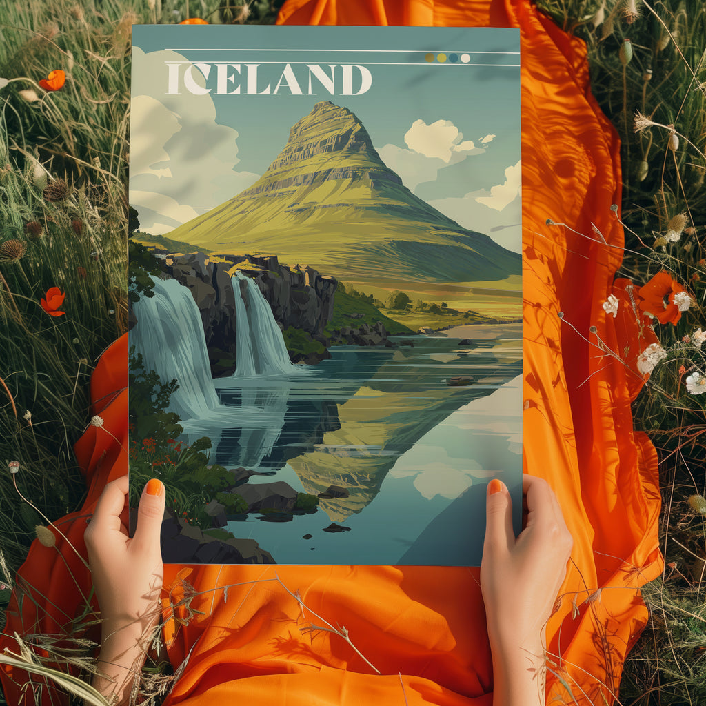 Kirkjufell Iceland Travel Print: Nordic Mountain & Waterfalls Landscape