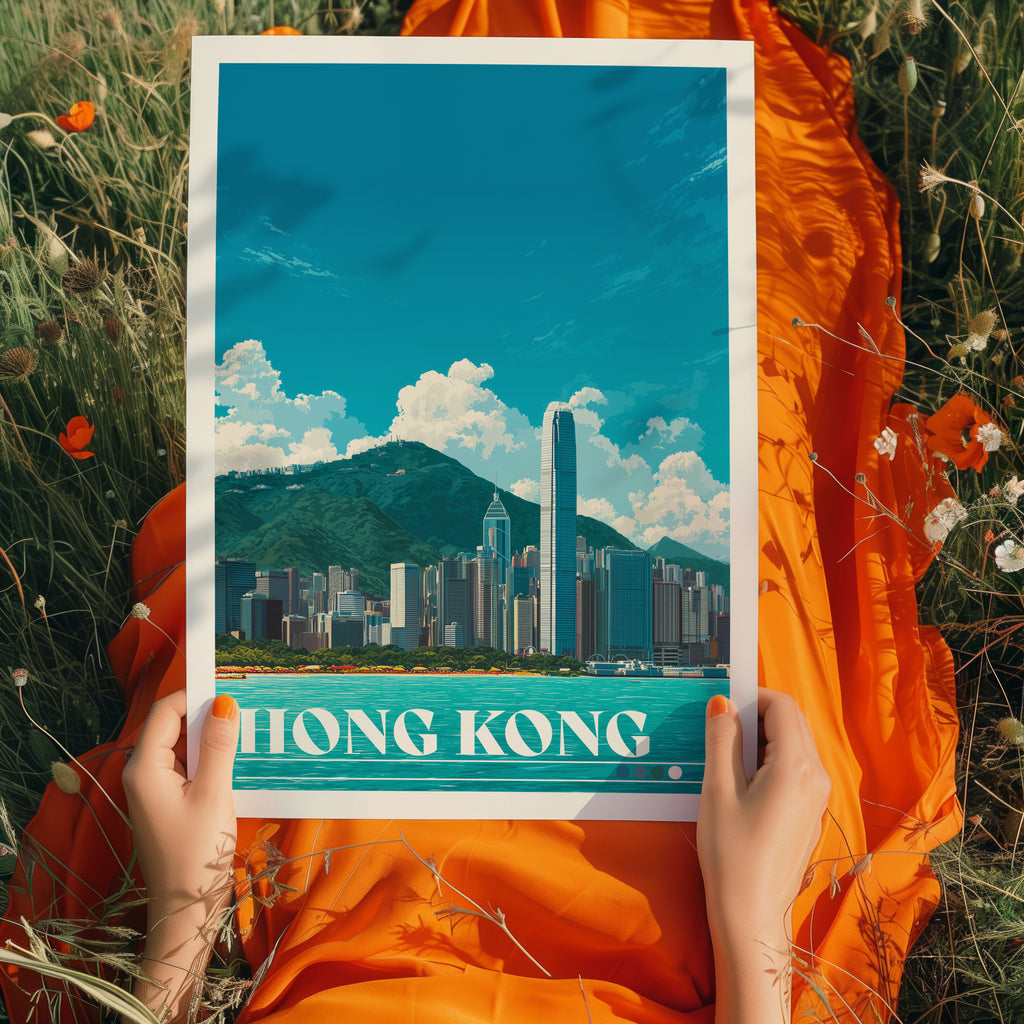 Hong Kong Travel Poster: China Skyline Print, Victoria Harbour Wall Art