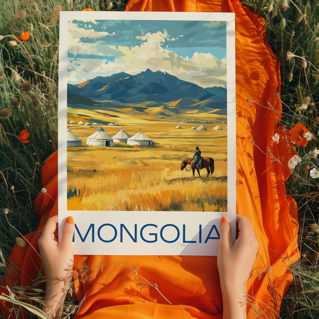 Mongolia Travel Poster: Nomadic Steppe Landscape Illustration Art