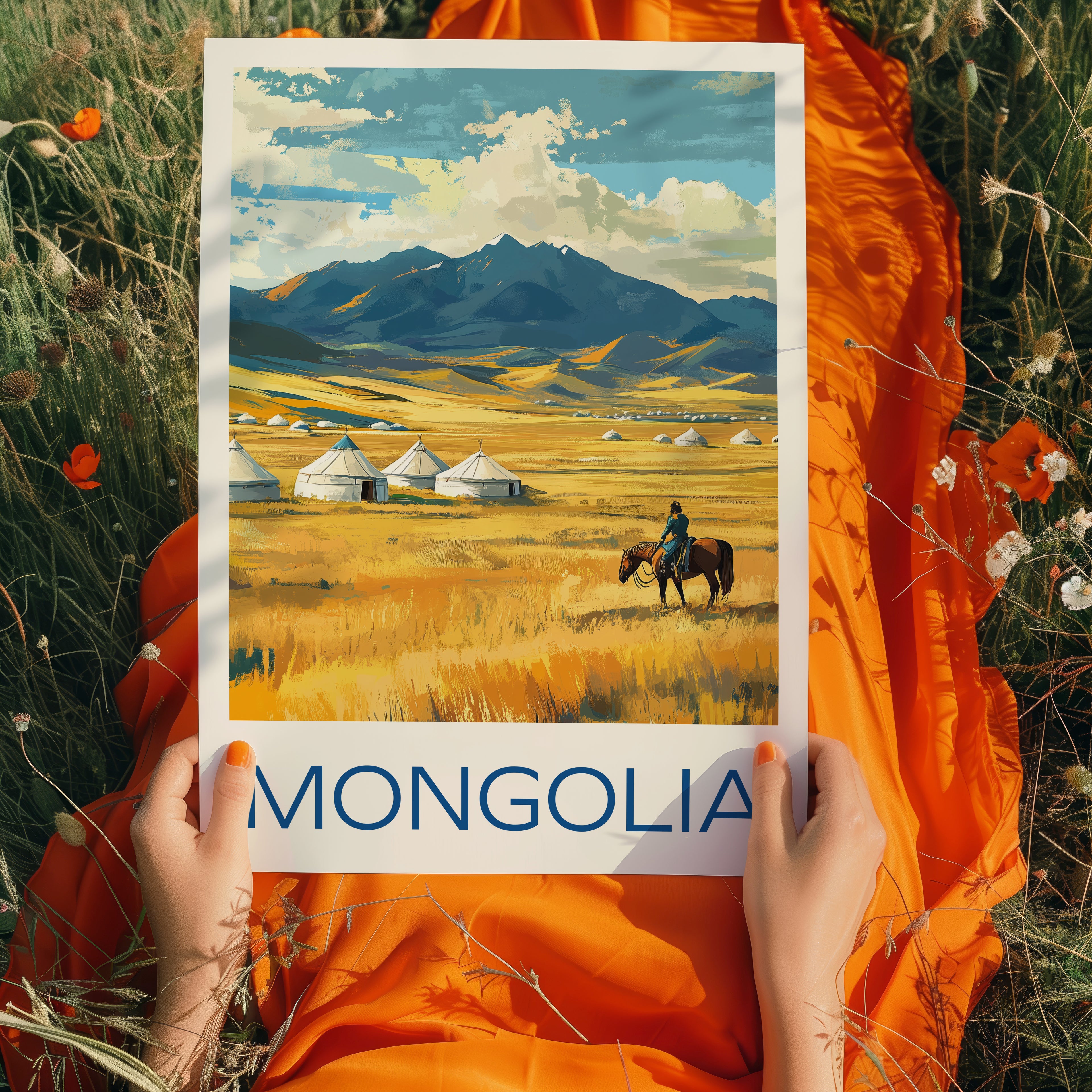 Mongolia Travel Poster: Nomadic Steppe Landscape Illustration Art