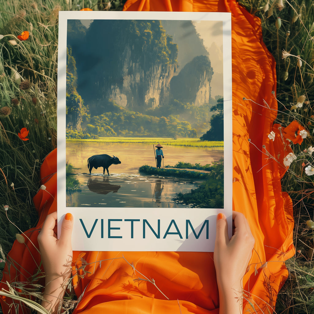 Vietnam Travel Poster: Ninh Binh Karst Landscape Illustration Art
