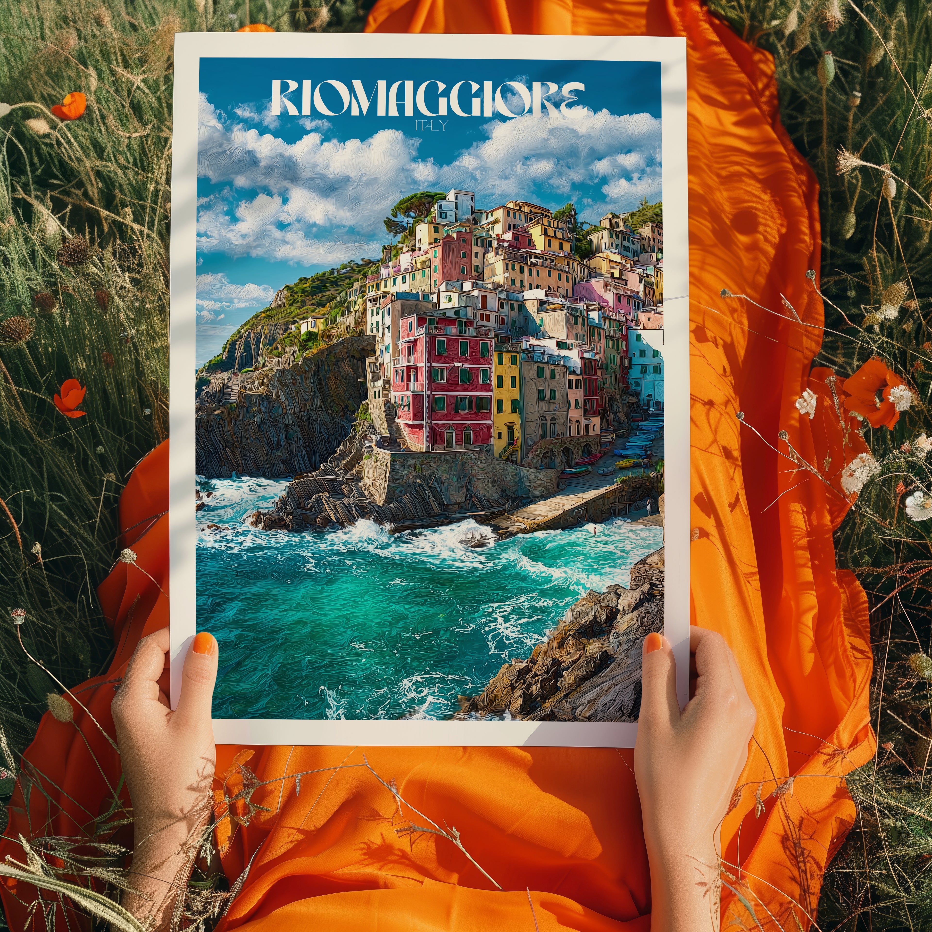 Cinque Terre Travel Poster – Riomaggiore Italy Wall Art Print, Coastal Village Decor