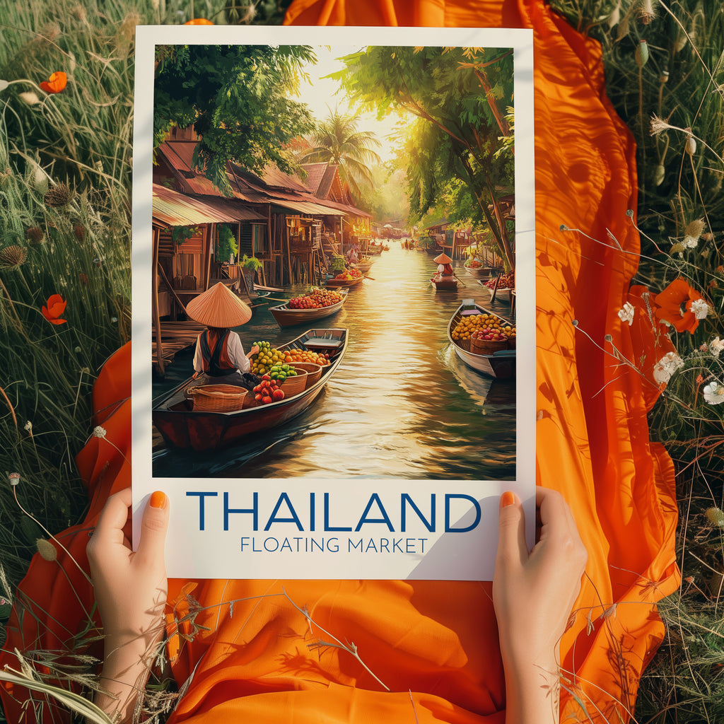 Thailand Travel Poster: Floating Market Tropical Illustration Art