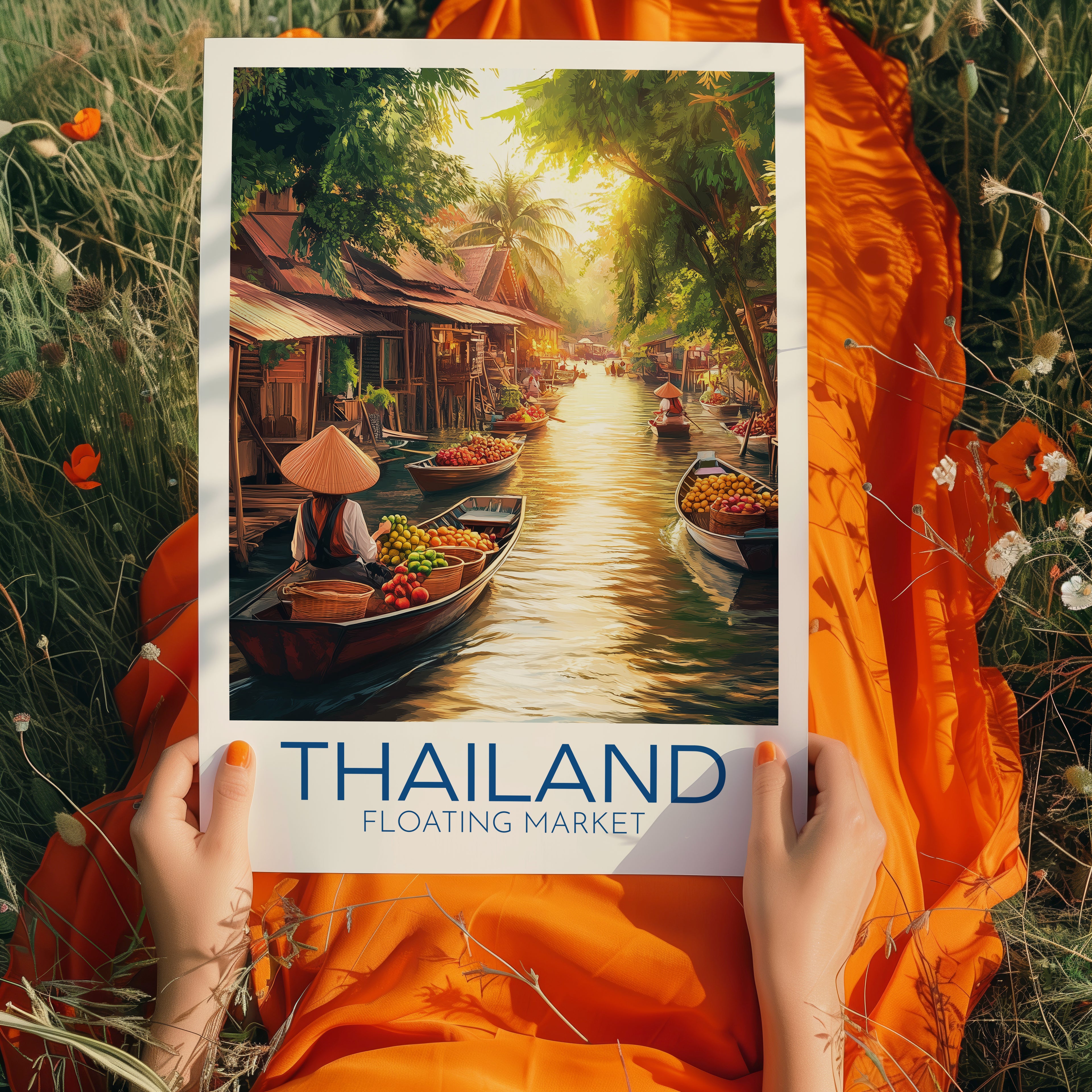 Thailand Travel Poster: Floating Market Tropical Illustration Art