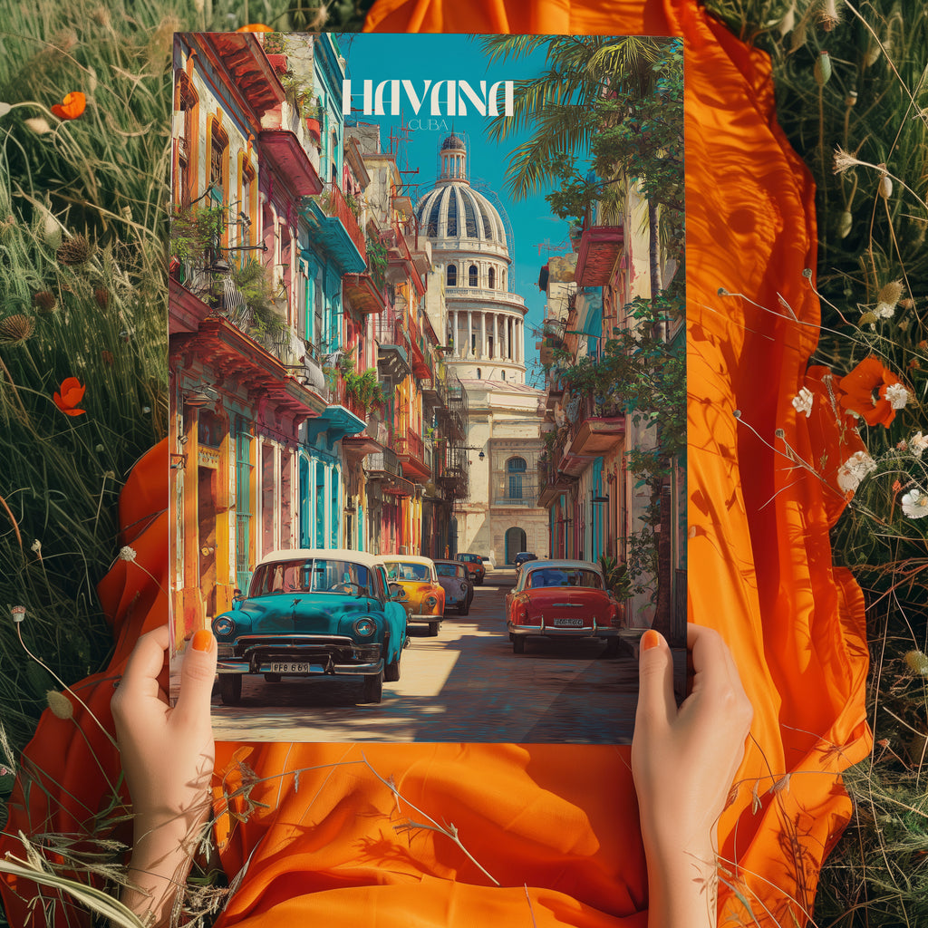 Havana poster showcasing colorful streets and vintage cars in Havana, Cuba, vibrant Caribbean travel wall art.