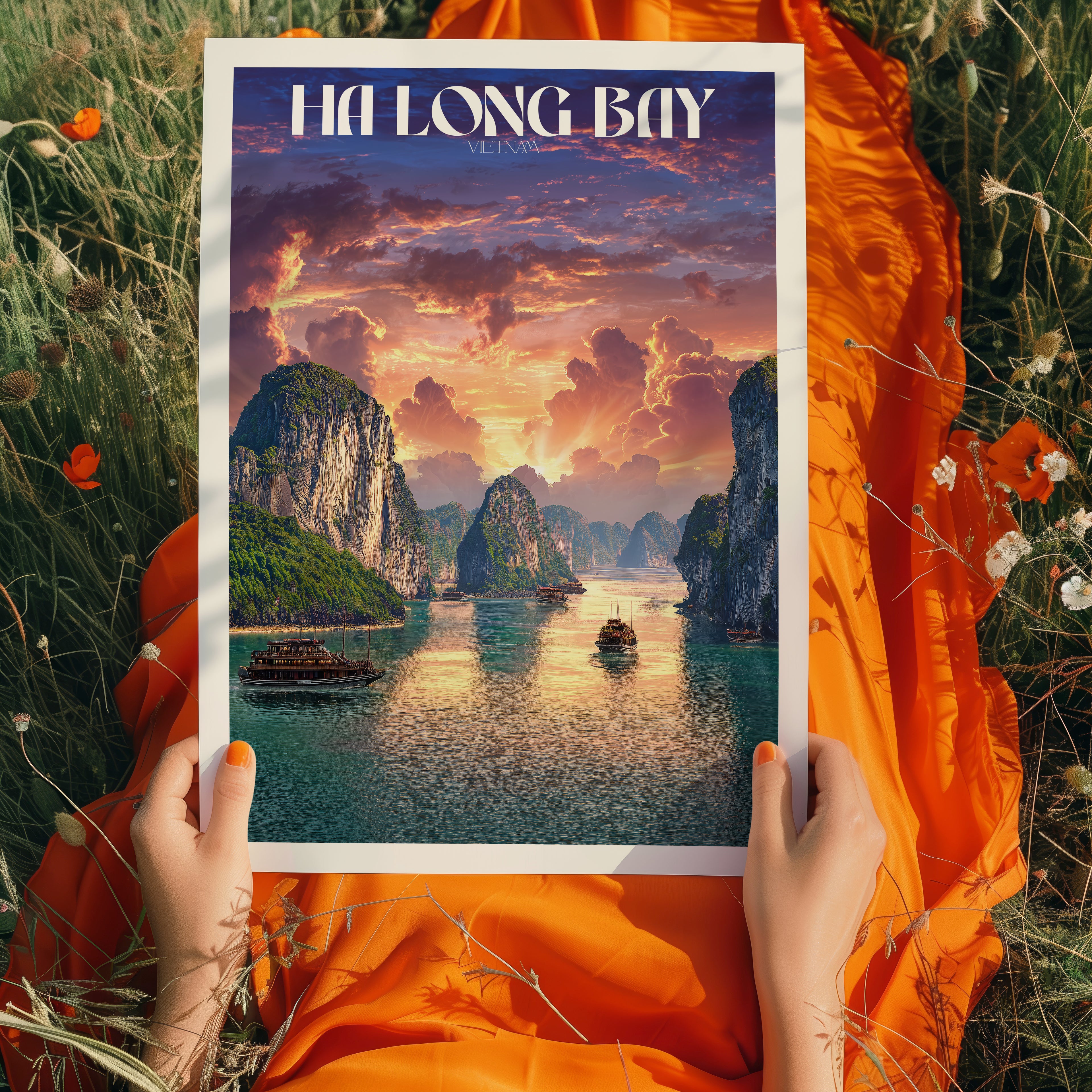 Ha Long Bay Vietnam Poster – Travel Print, Sunset Seascape Wall Art, Nature Landscape Decor