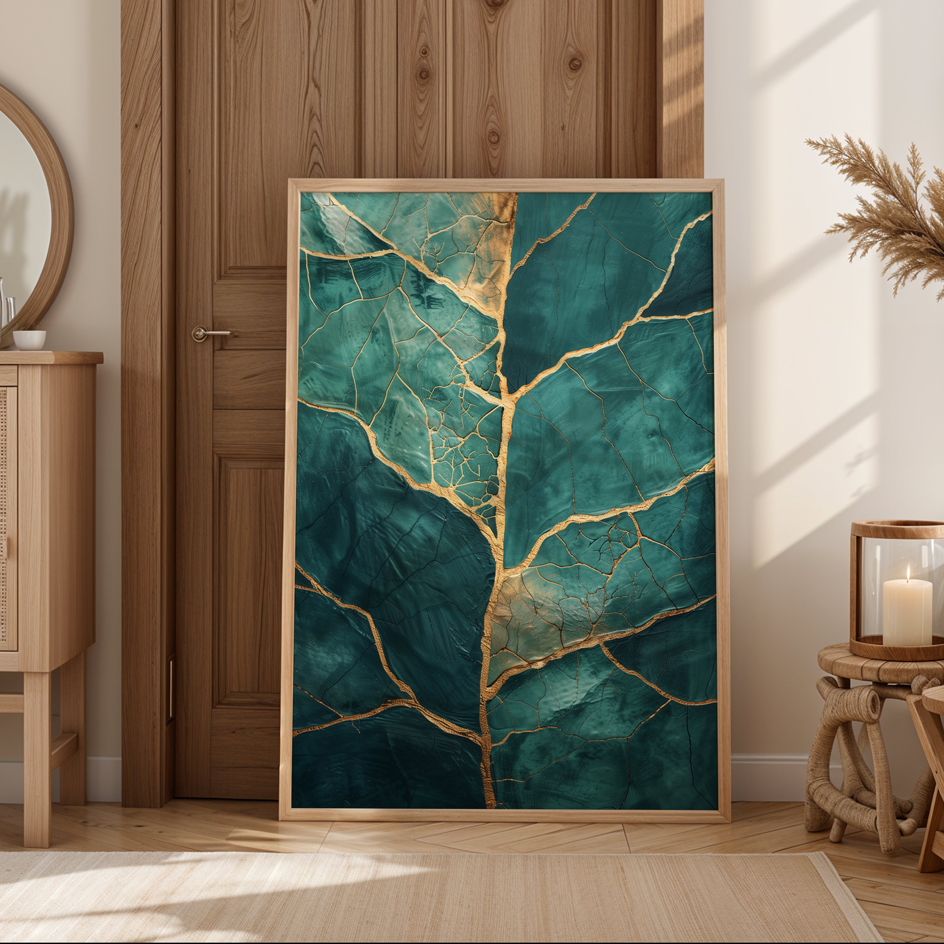 Gold Kintsugi Wall Art featuring abstract teal background and shimmering golden veins.