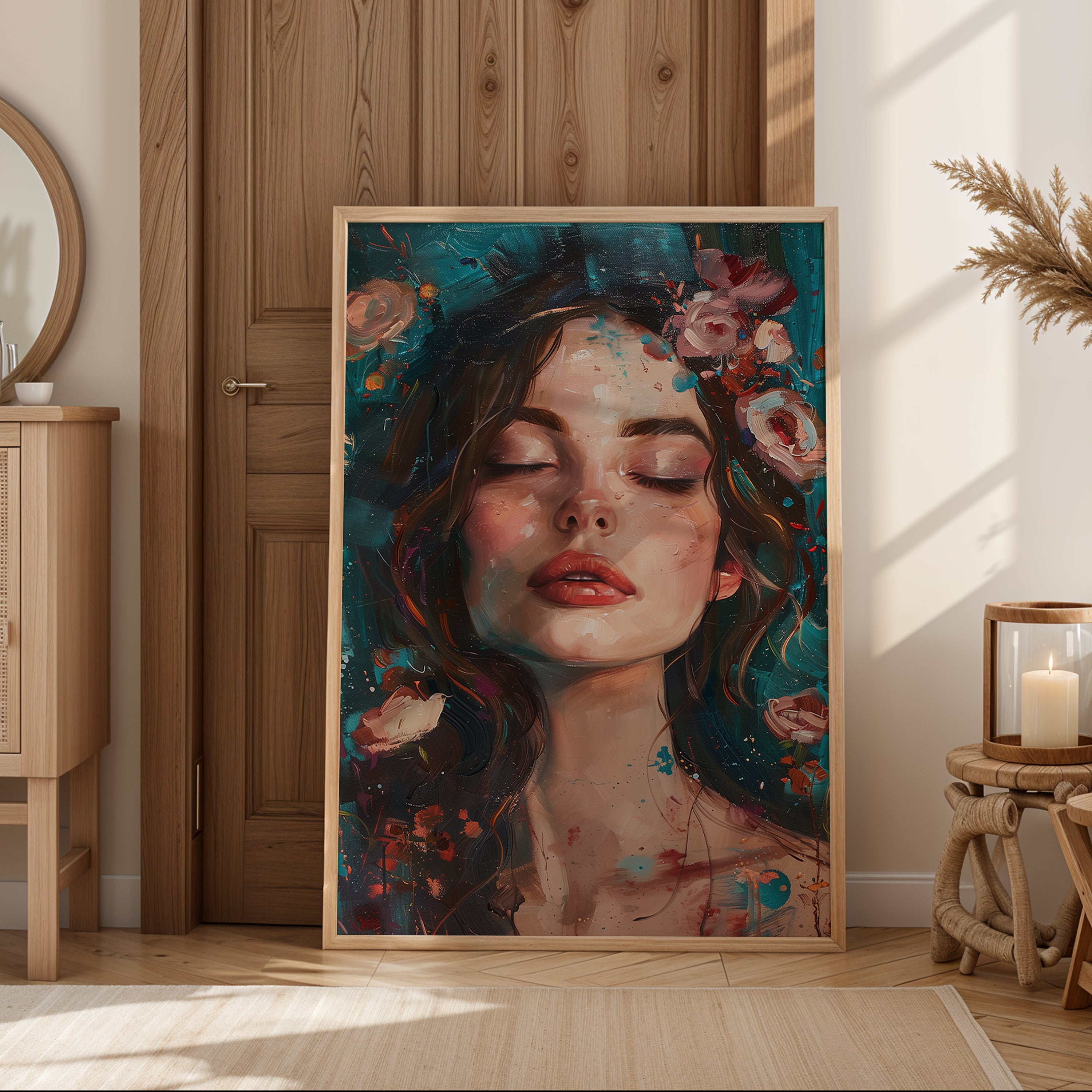 Teal wall art showing expressive portrait with swirling brushstrokes against rich teal background